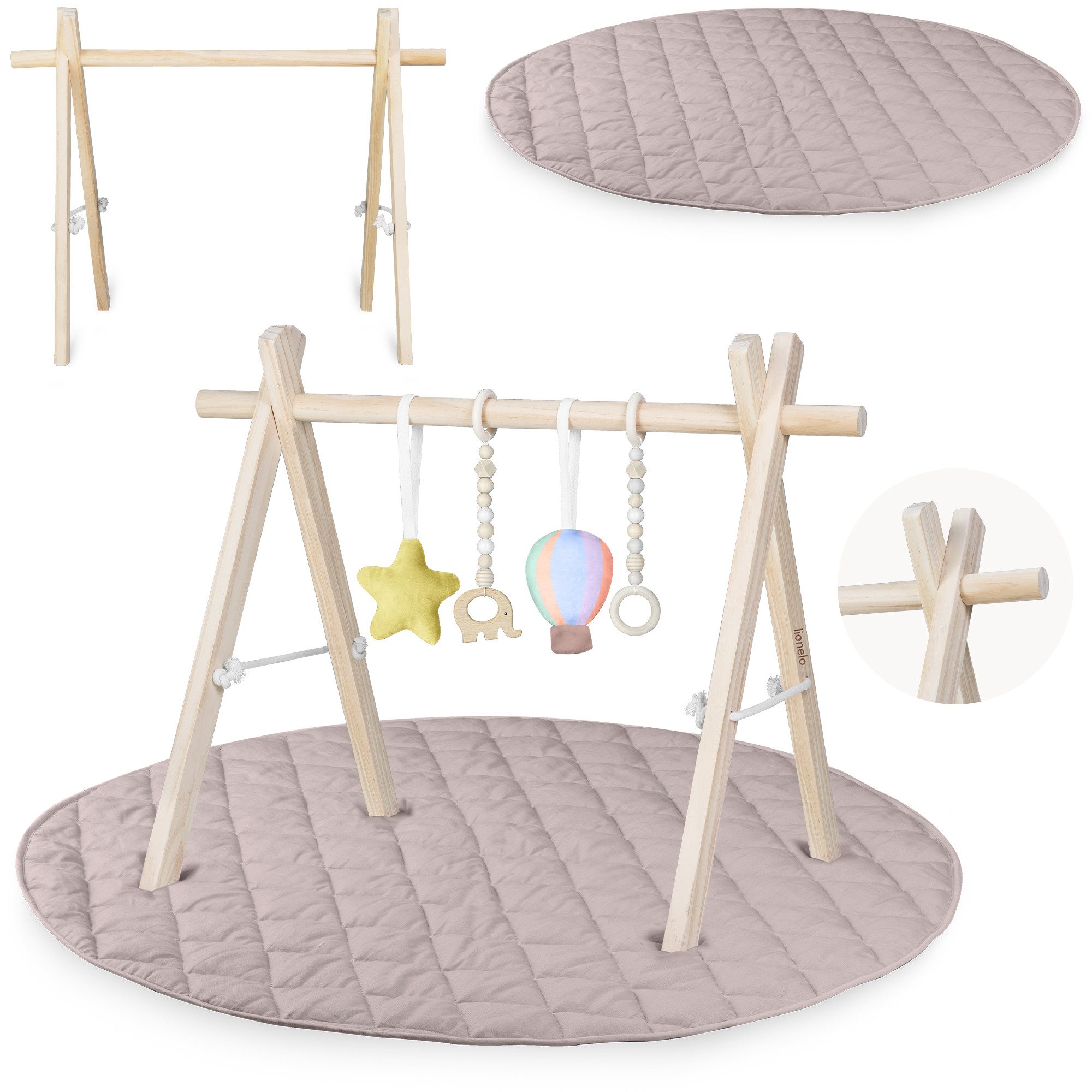lionelo Spielmatte ANIS SET (Set, Holz-Baby-Gym mit Baumwollmatte), Naturmaterialien/Rutschfeste Matte/Klappbares Gestell