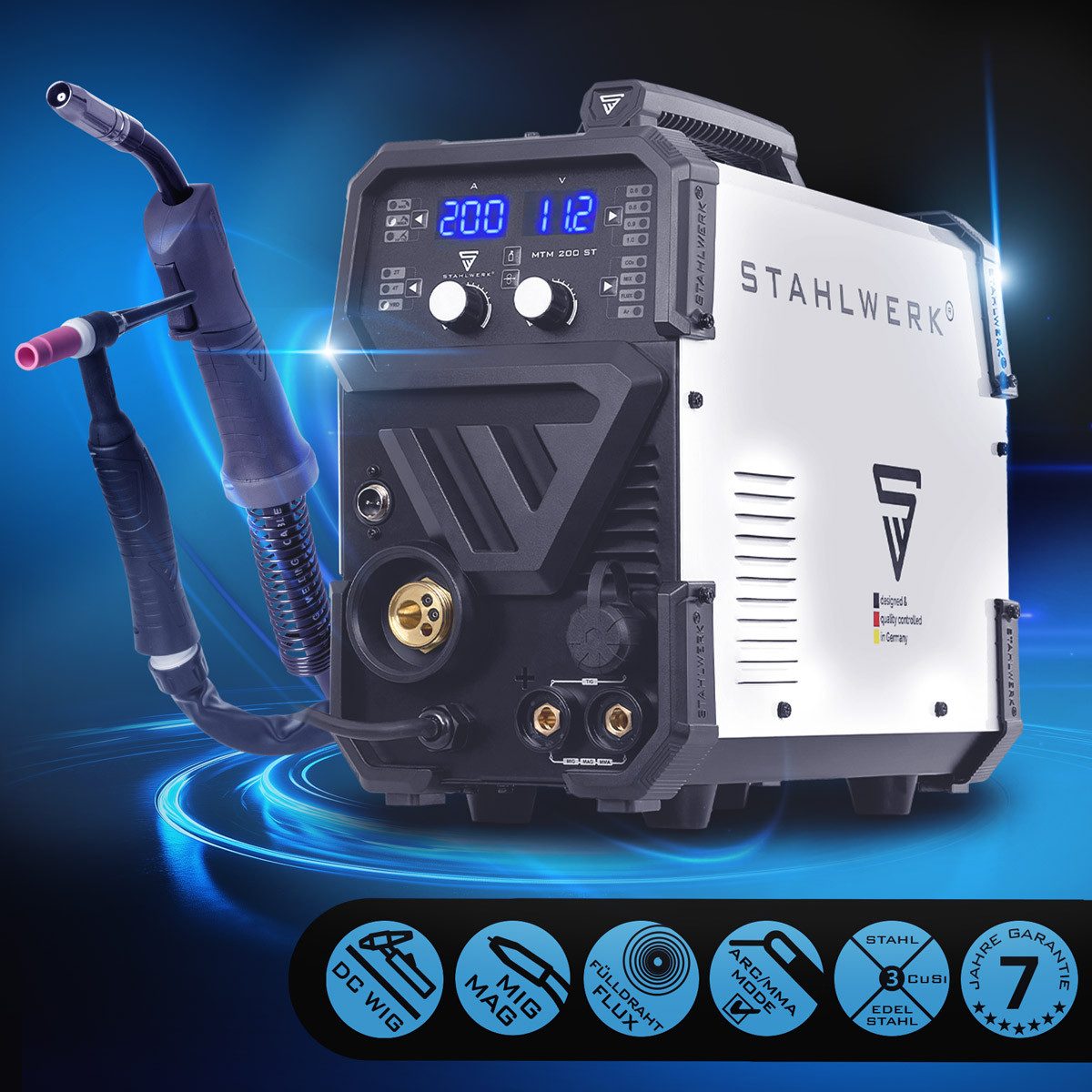 STAHLWERK Inverterschweißgerät Kombi Schweißgerät MTM-200 ST Vollausstattung WIG MIG MAG MMA FLUX, 10 - 200 A, Packung}, 19-tlg., Vollausstattung, mit 200 A und synergischem Drahtvorschub