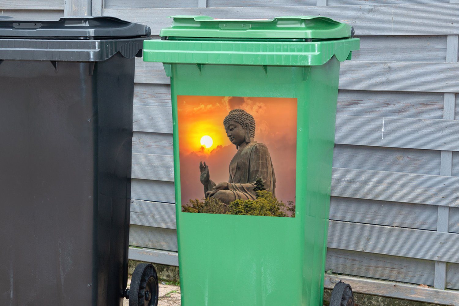 Buddha-Statuen - Abfalbehälter Sonnenuntergang Wandsticker Sticker, Buddha MuchoWow - Pflanzen (1 Container, Mülltonne, - St), Mülleimer-aufkleber,
