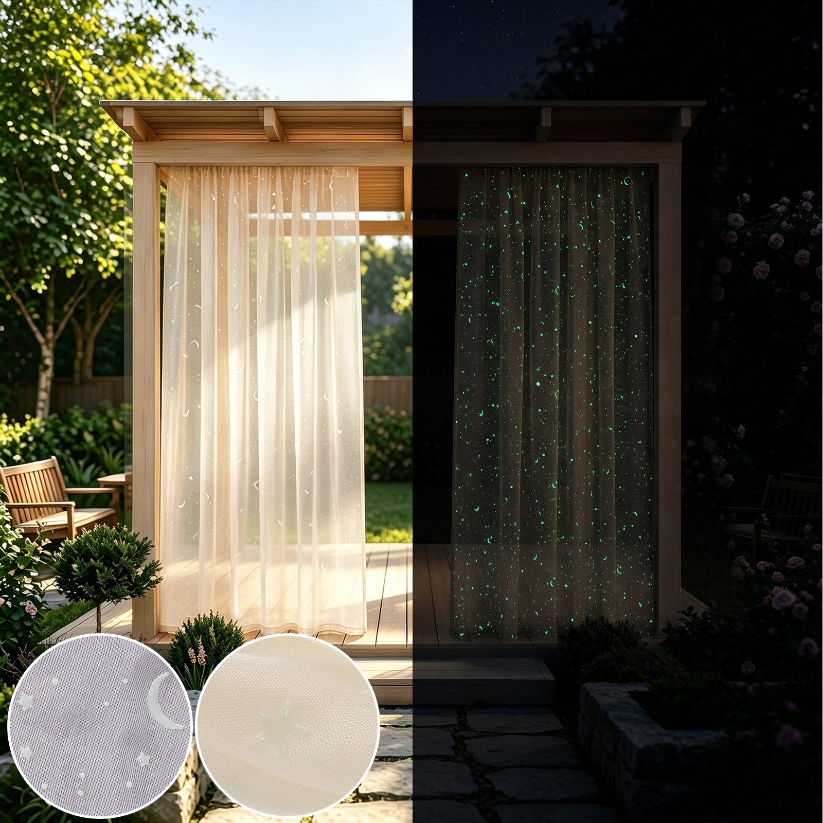 Rosnek Gardine Kinderzimmer Gardinen mit leuchtenden Sternen & Mond, Voile 2er-Set (2 St), Stangendurchzug, transparent, Polyester, 90 g/m² Voile mit Stangendurchzug für Schlaf-, Spiel- & Babyzimmer