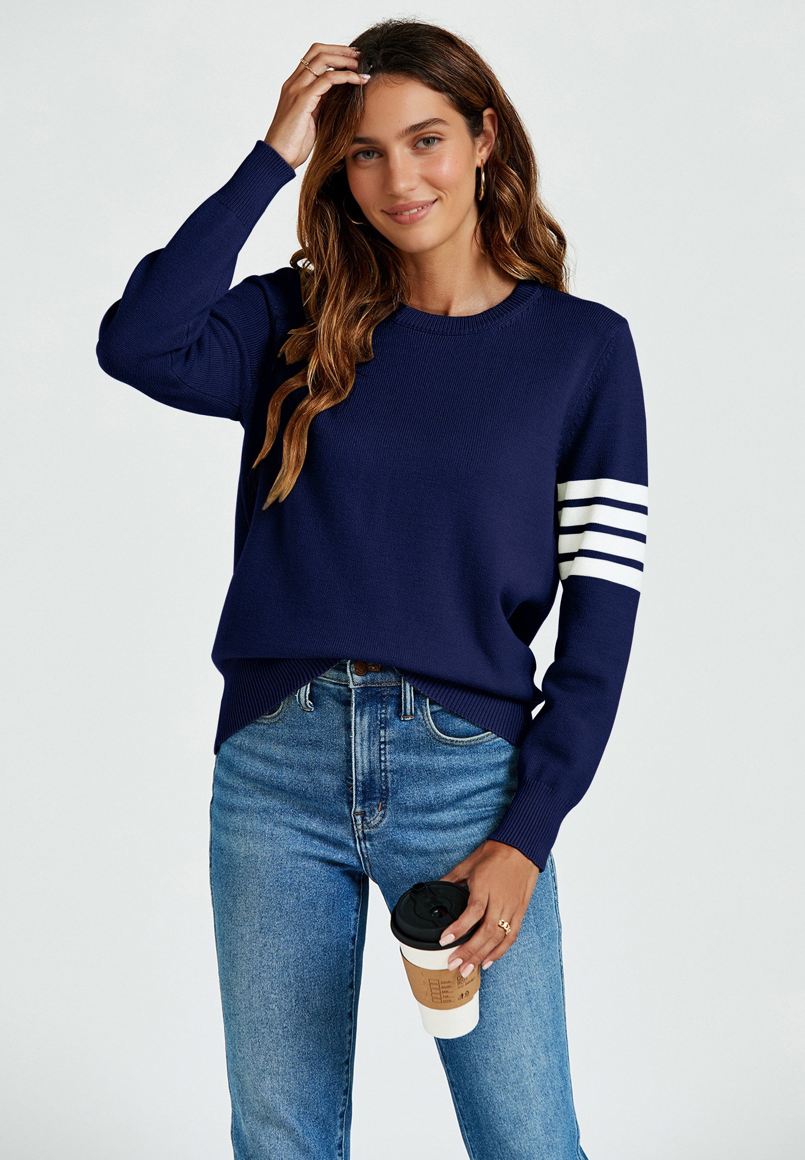 FS Collection Strickpullover Damen Pullover aus Wollmischung mit Streifenmuster, Relaxed Fit (UK 8/ EU 36/ US 4, 3 Farben : Olivegrün, Schwarz und Navy) 56 % Viskose, 26 % Polyester, 18 % Wolle