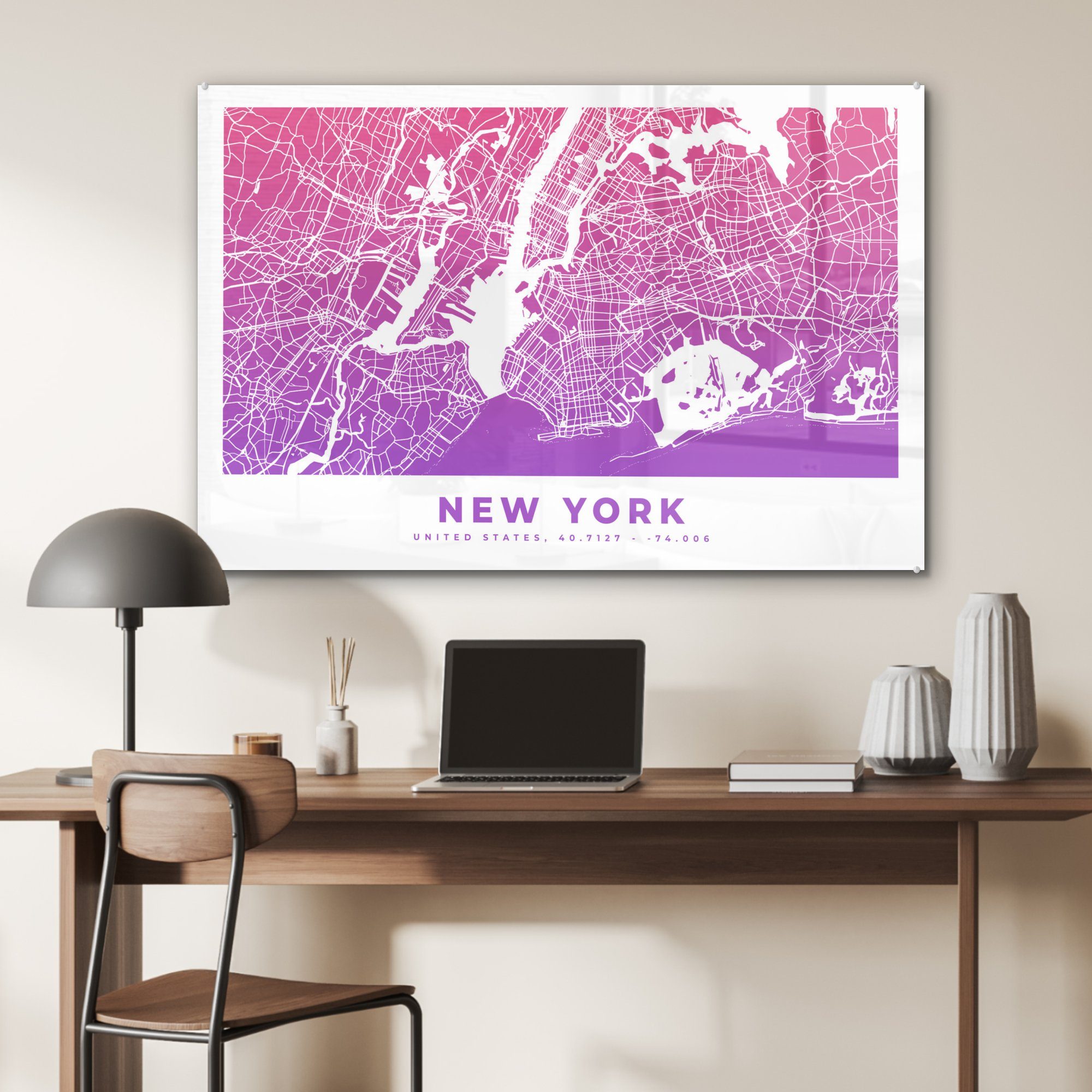 MuchoWow Acrylglasbild New Karte, (1 St), Wohnzimmer Amerika Acrylglasbilder - Schlafzimmer York & 