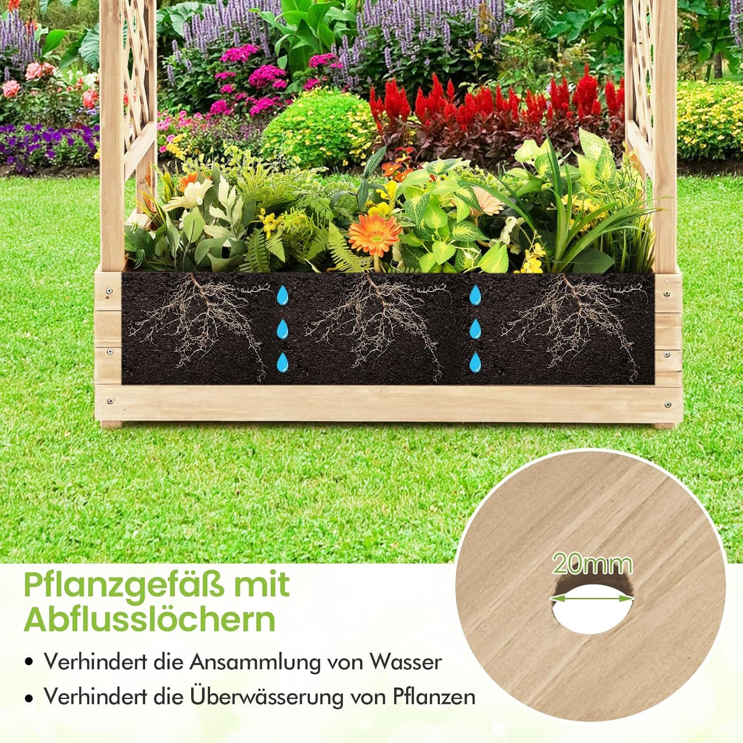 KOMFOTTEU Hochbeet mit Rankgitter Pflanzkasten, mit Ablauflöchern, für kletternde Pflanzen