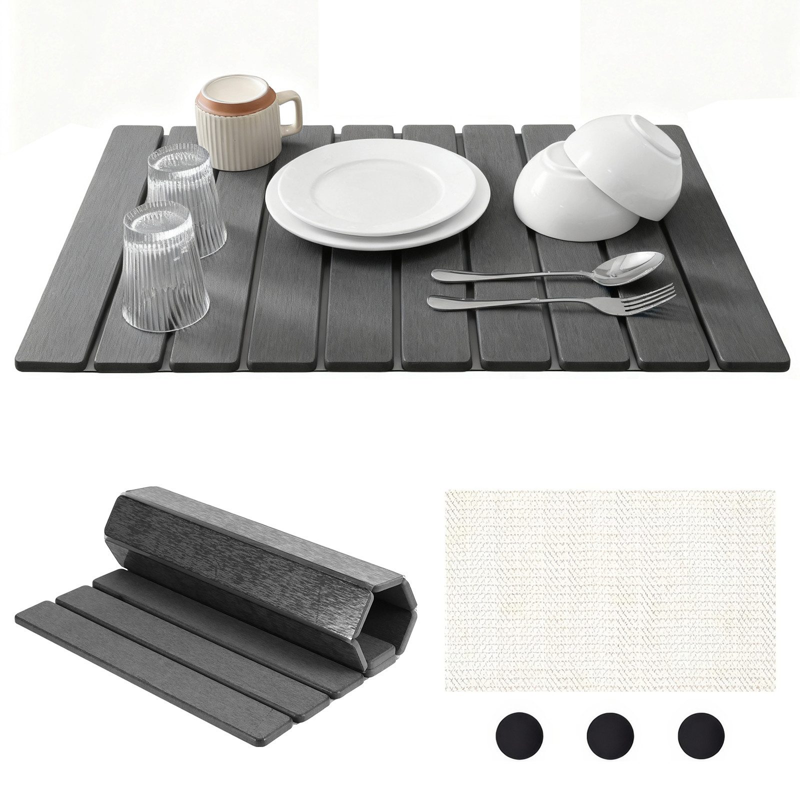 BlingBin Abtropfmatte Rutschfest Geschirr Trockenmatte, Abtropftuch für Spile 40x60cm, Kieselgur Faltbare Apptropfmazte Stein für Teller und Schalen, Grau