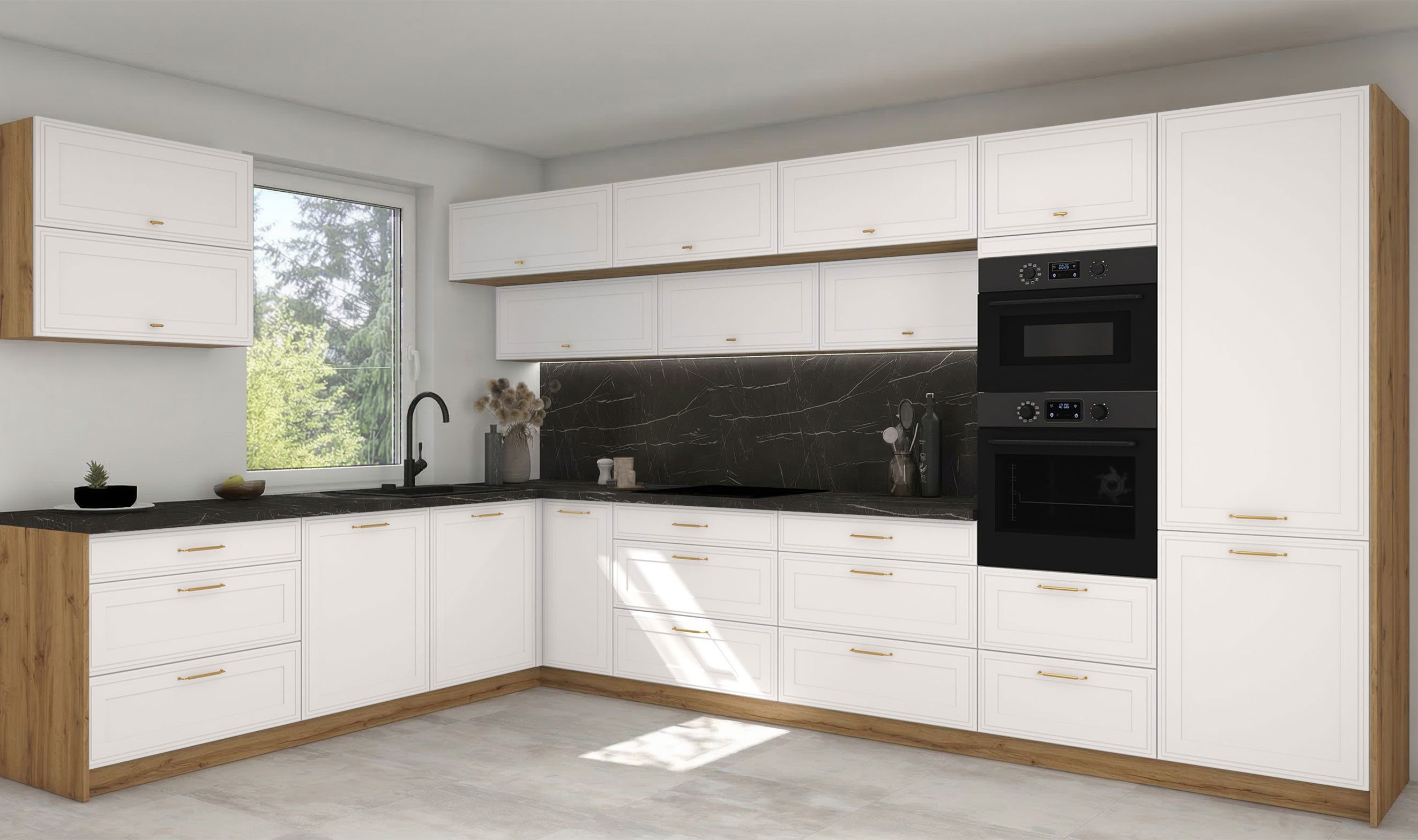 Feldmann-Wohnen Winkelküche Salo, (Blum Teilauszug, Gasdruckdämpfer, 18-teilig), 387x267cm Eiche Artisan / Weiß Matt Blum Teilauszug