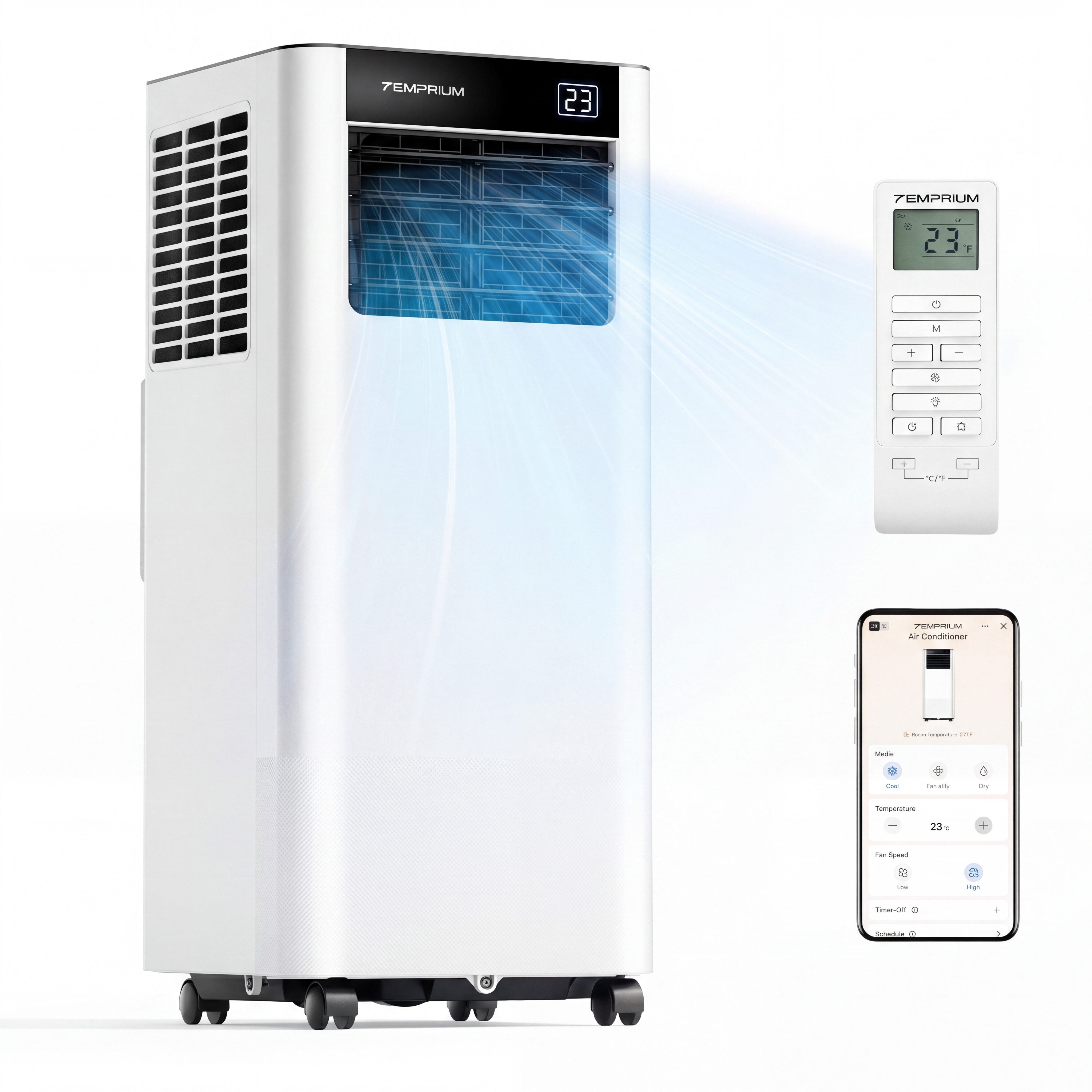 temprium Klimagerät Mobile Klimaanlage 7000/9000 BTU 3-in-1 mit APP & Fernbedienung, 3-in-1 Funktion, App-Steuerung, 48 dB Schlafmodus, Timer