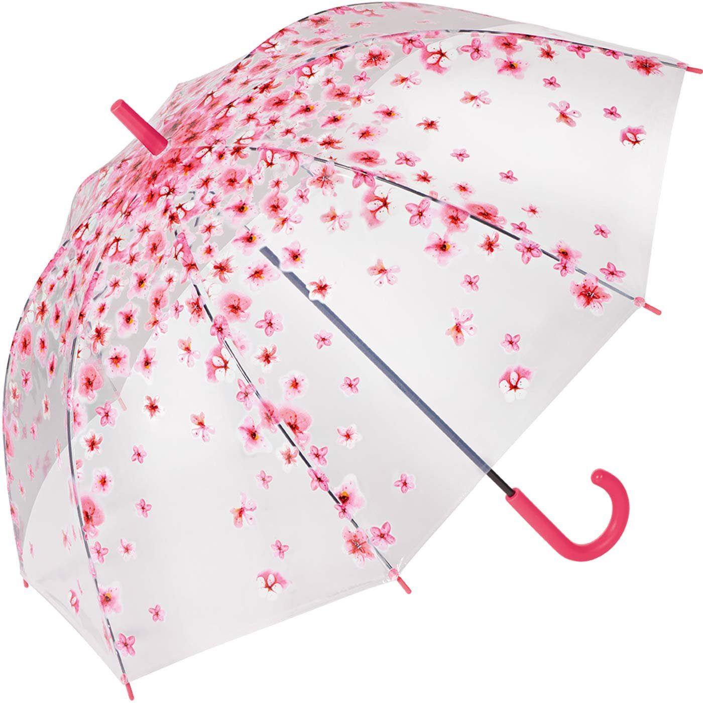 HAPPY RAIN Langregenschirm durchsichtiger, stabiler pinkfarbenen Blüten bedruckt mit Damen-Transparentschirm