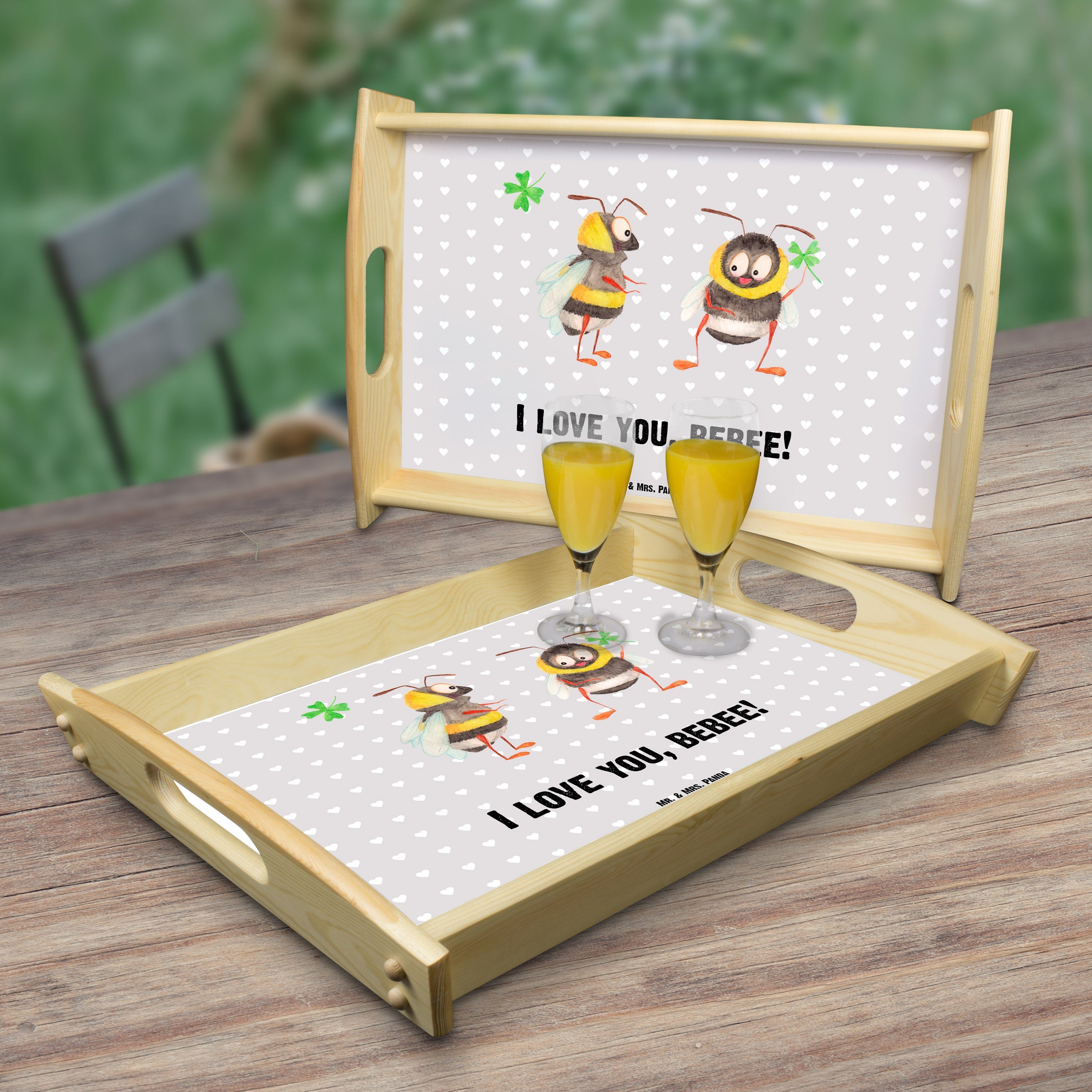 Mr. & Mrs. Panda Echtholz Geschenk, lasiert, Früh, Dekotablett, Tablett Mitbringsel, (1-tlg) Paar - Bienen Pastell Grau 