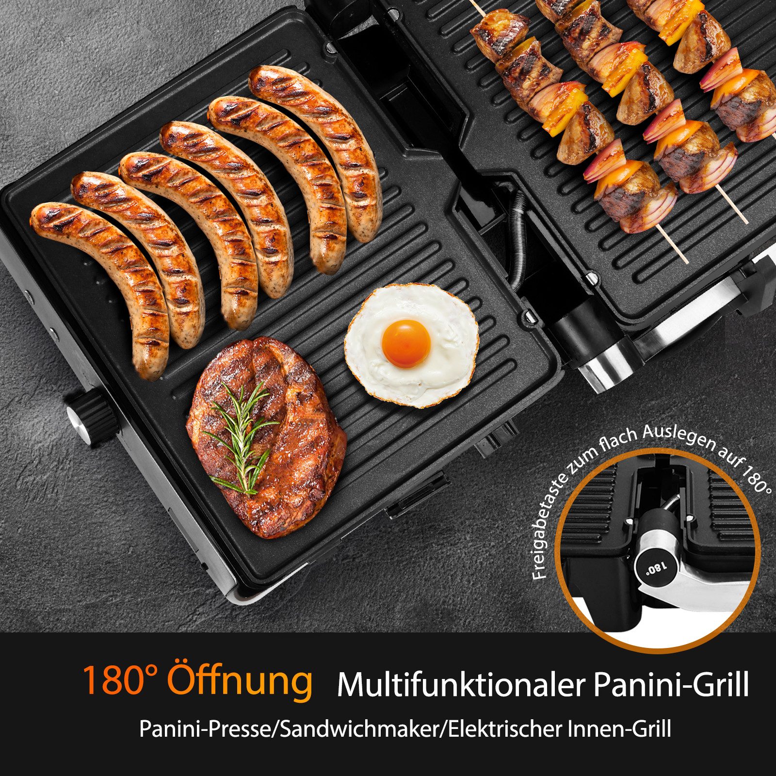 Aigostar Paninigrill Sandwichtoaster mit Lebensmittel-Sonde, Herausnehmbaren Platten, 2000 W, Automatischer Temperaturregelung, 180° Flach Aufklappbar
