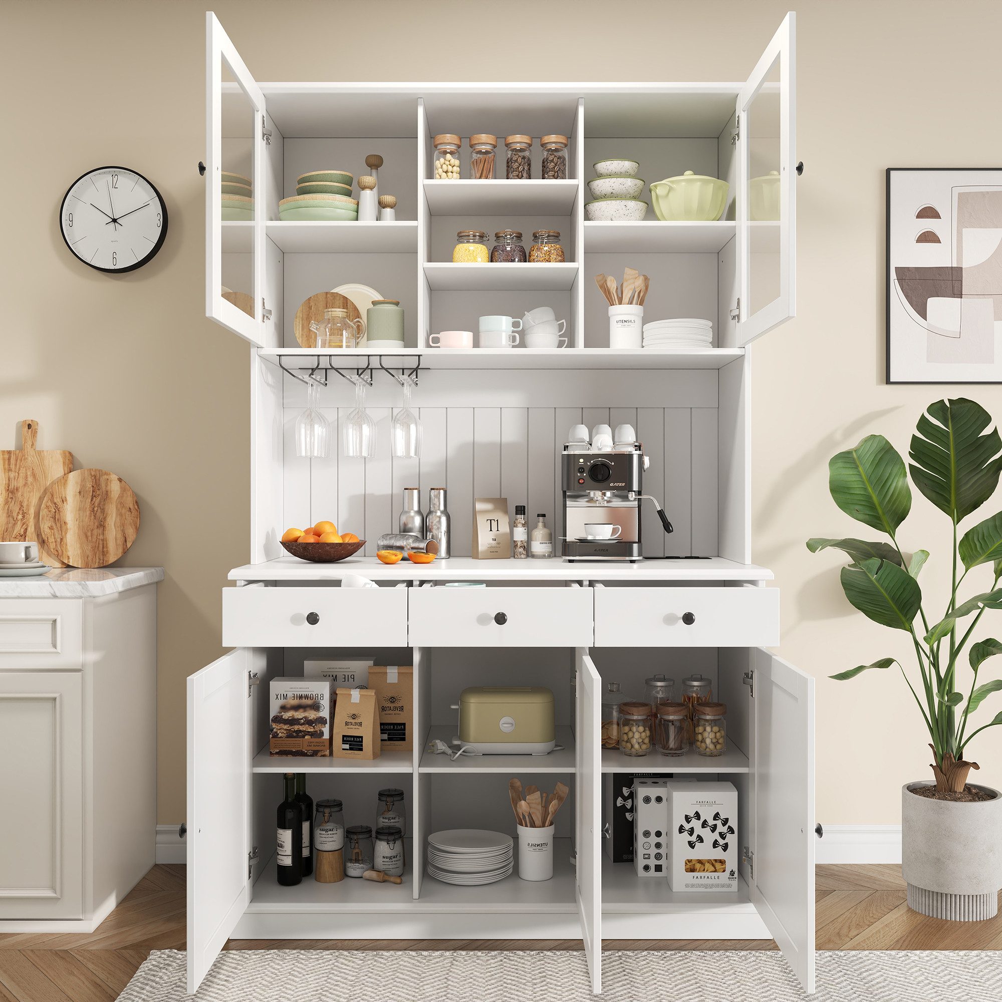 Flieks Küchenbuffet mit Steckdosen, Gläserhalter, Schubladen und Glastüren (Arbeitsplatte mit USB-C- und USB-A-Anschlüssen, 1-St., 120x40x191 cm) Hochschrank Küchenschrank Geschirrschrank mit verstellbarer Ablagen