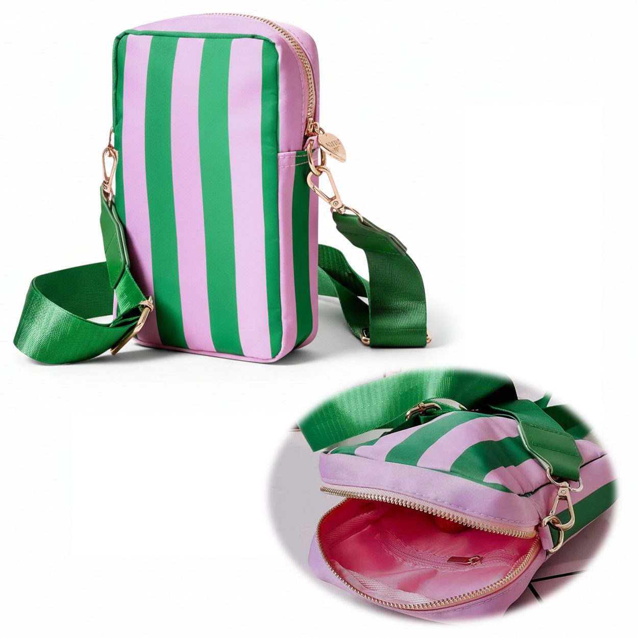 LS-LebenStil Schultertasche Mimi's Glow Handytasche Ruby Grün Violett 19x12cm Damen Crossbody (Handy Tasche Umhängetasche mit abnehmbarem Gurt, 1-tlg), Ultra Leicht - Premium Nylon - Padding - Goldener Zipper mit Herz