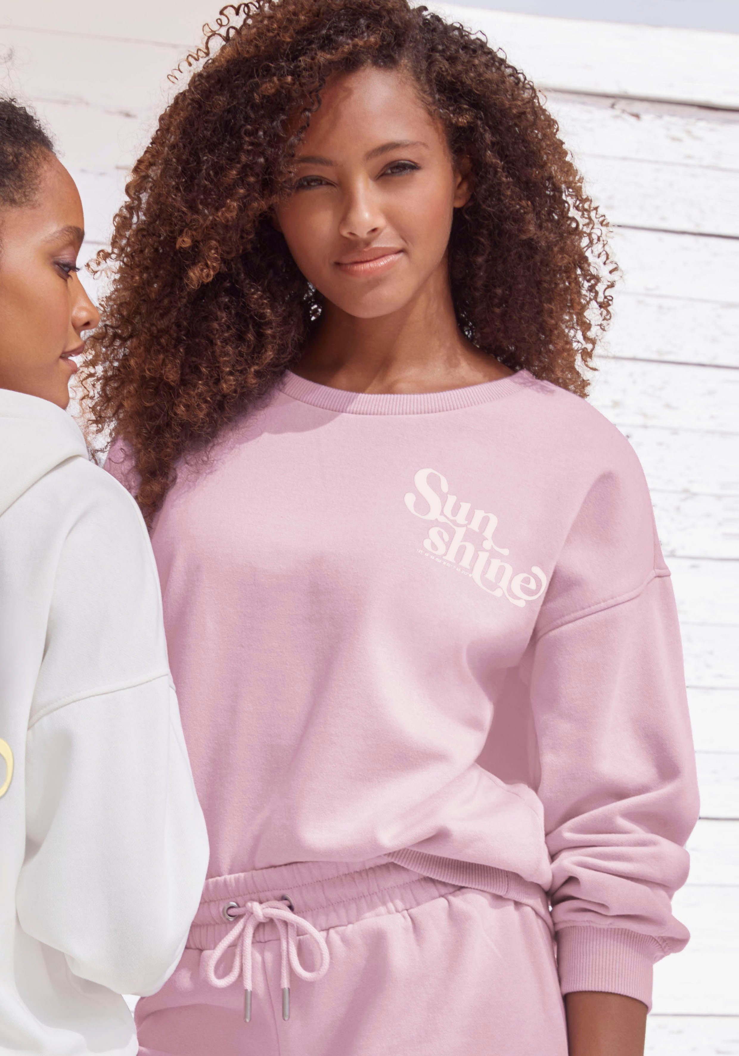 Buffalo Sunshine Rippbündchen Loungeanzug Sweatshirt mit rosa und Druck,