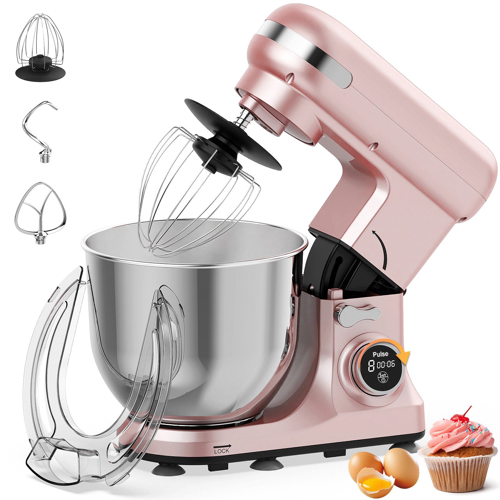 Rebonique Küchenmaschine Küchenmaschine zum Backen 8 Stufen & Timer, 1400 W, 6,5 l Schüssel, mit Rührhaken, Knethaken, Schlagbesen und Spritzschutz
