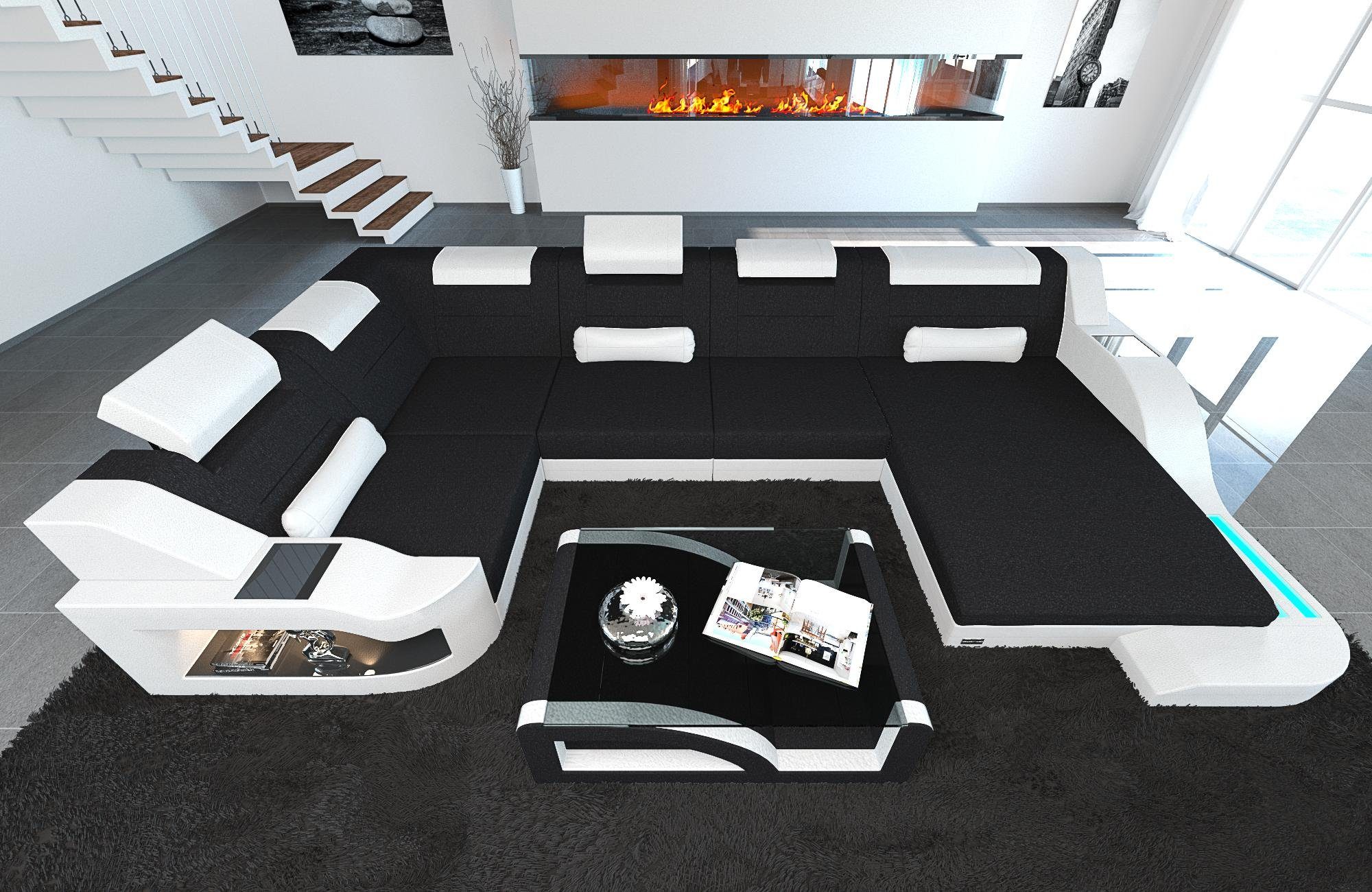 Sofa Dreams Wohnlandschaft Stoffsofa Couch Stoff Polster Palermo U Form Sofa, mit LED, ausziehbare Bettfunktion, USB-Anschluss, Designersofa