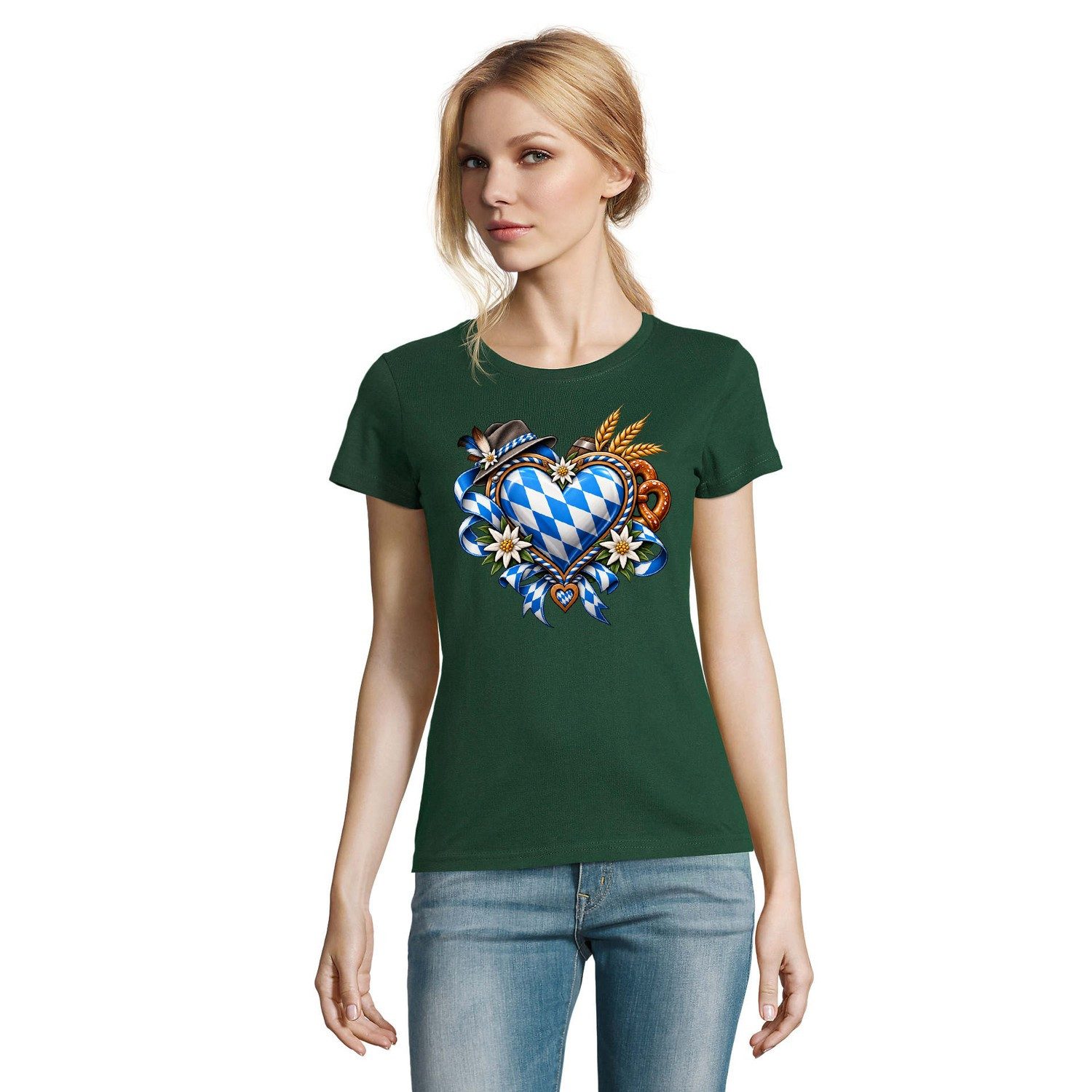 Blondie & Brownie T-Shirt Oktoberfest Damen T Shirt mit bayerischem Herz und Rundhalsausschnitt (Einzelartikel) Alpenraute Festmotiv mit Edelweiß