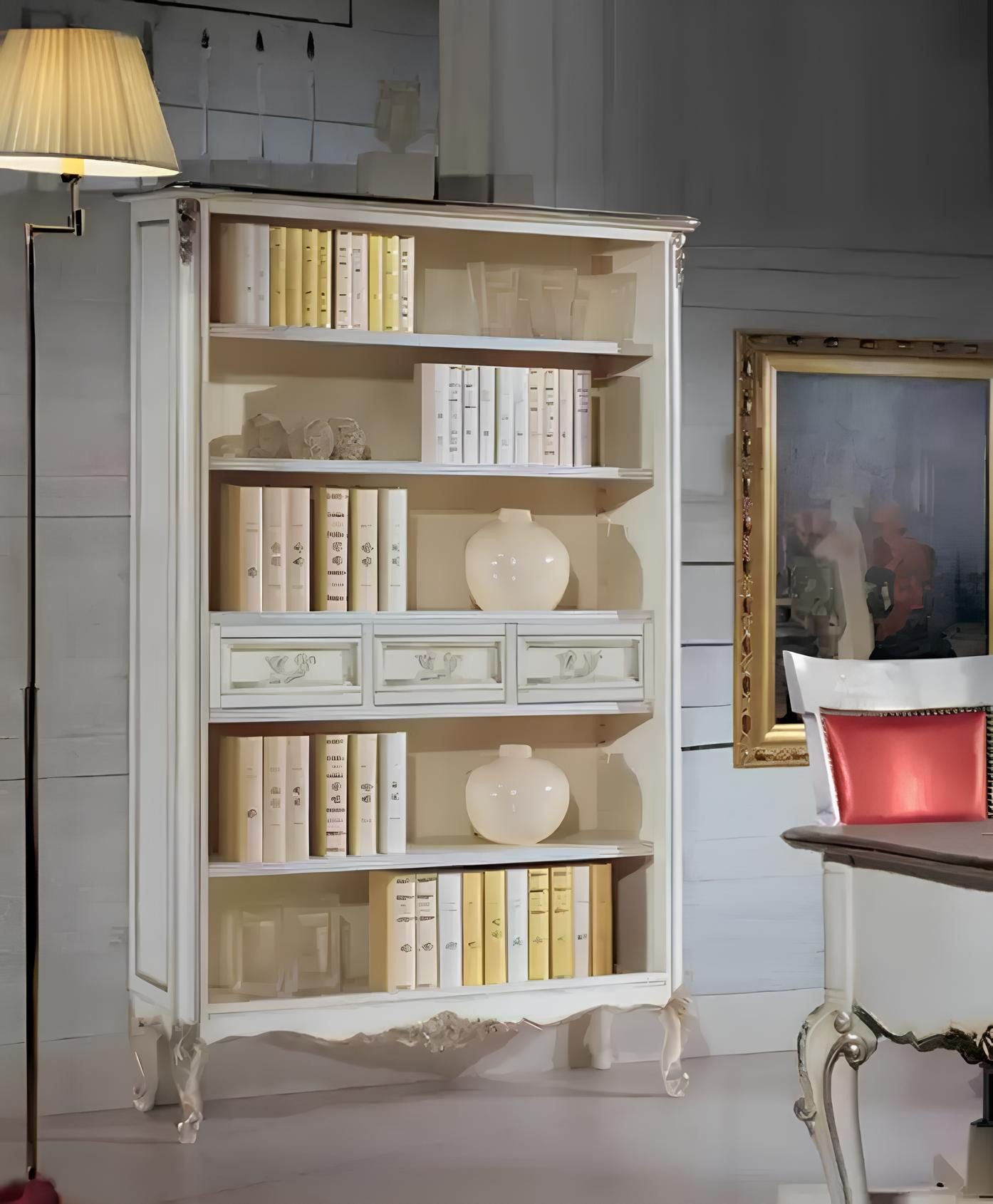 Xlmoebel Bücherregal Neues massives Luxus-Bücherregal in klassischem Weiß mit 3 Schubladen, 1-tlg., Hergestellt in Europa