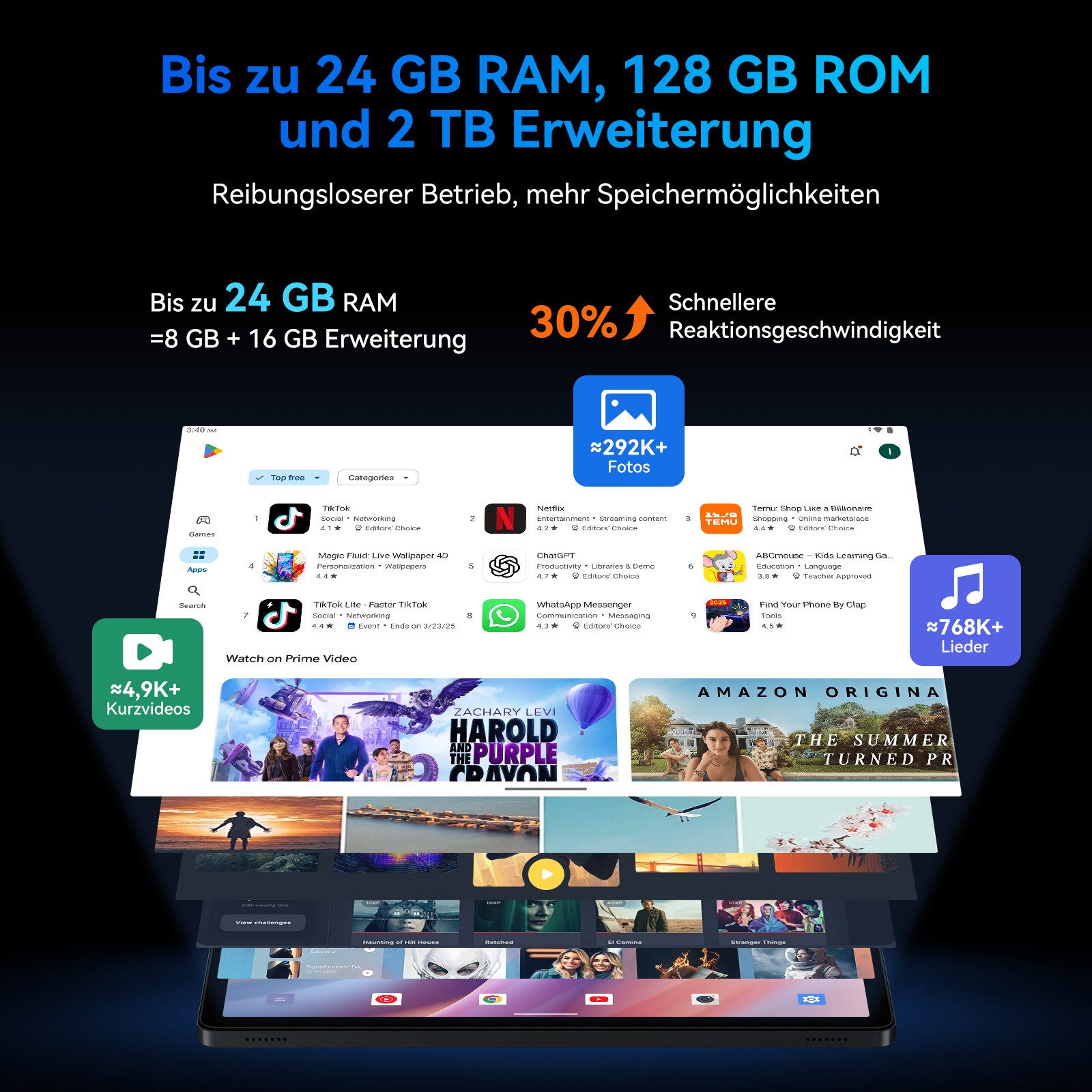 TABWEE 11" FHD Android 16 Widevine L1 mit Tastatur, Maus, Stift, Hülle Tablet (11", 128 GB, Android16, 24GB(8+16GB) RAM, Gesichtsentsperrung, 8000mAh, 13MP, WiF – Bild 5 von 5