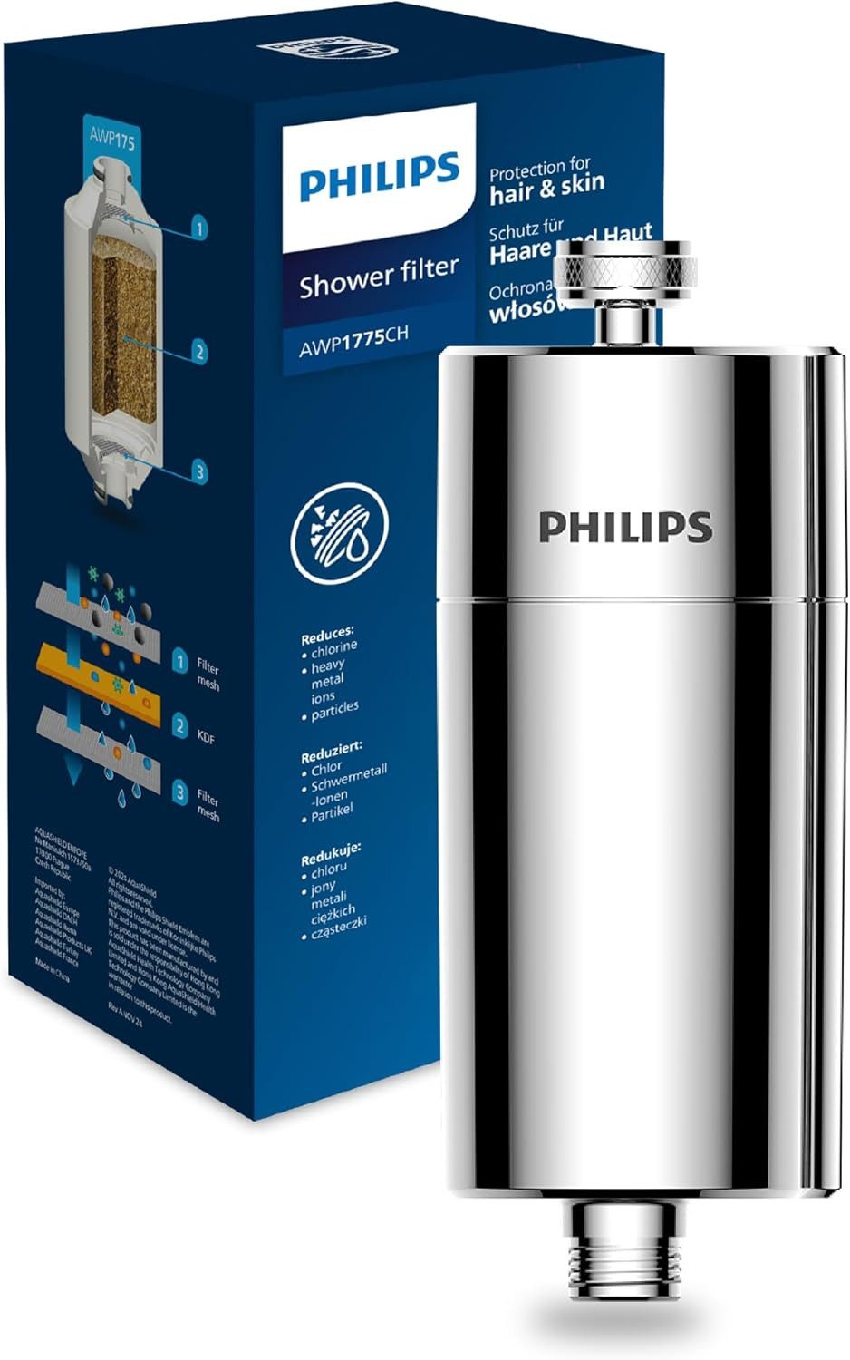 Philips Kalk- und Wasserfilter Water Inline-Duschfilter mit 1 Ersatzkartusche - 50.000 L Kapazität, Zubehör für AWP175, reduziert Chlor um bis zu 99%, passend für Standardschläuche armaturen