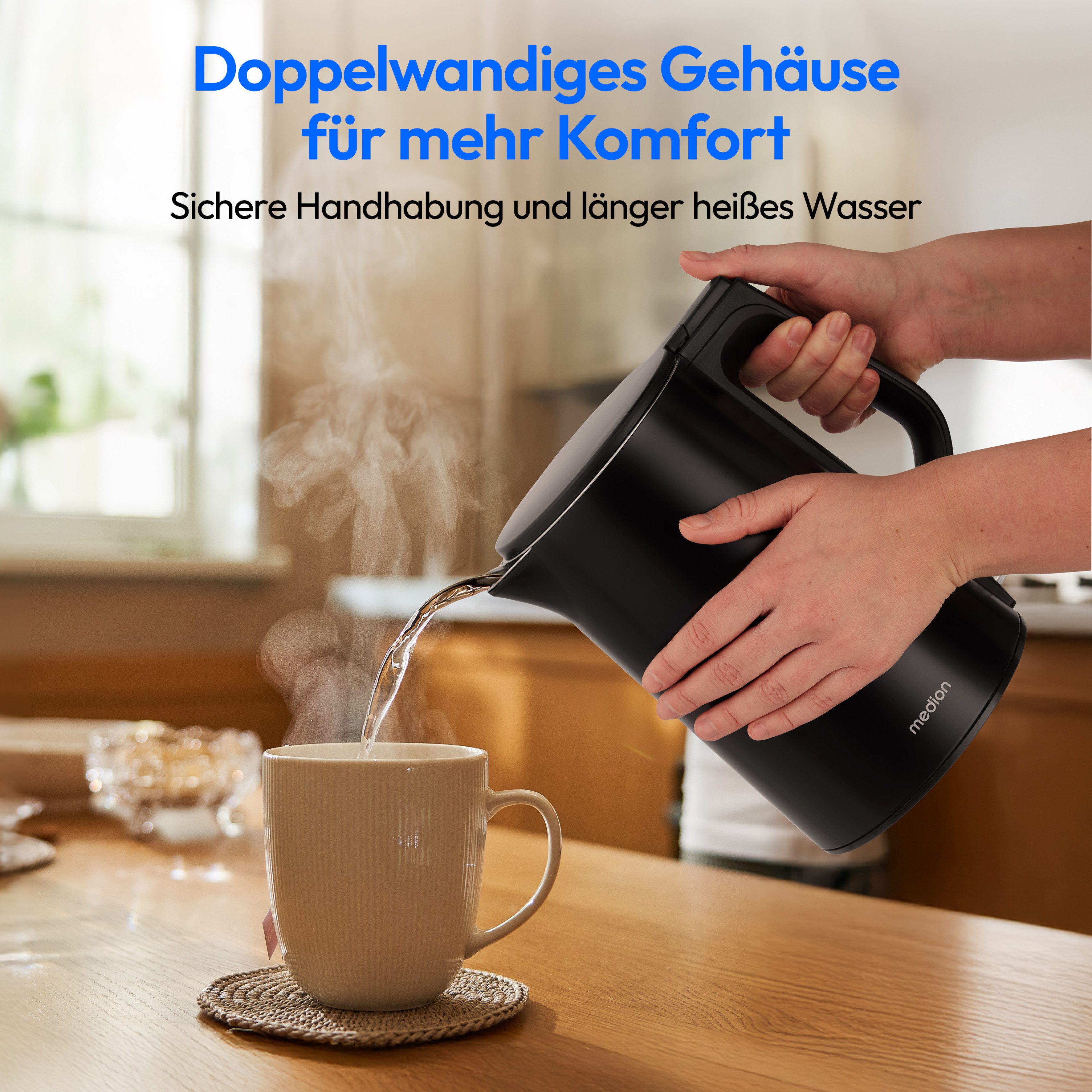 Medion® Wasserkocher MD12105, 1,5 l, 2200 W, 2.200 W, 1,5 L, Doppelwandiges Edelstahlgehäuse, 360° basis