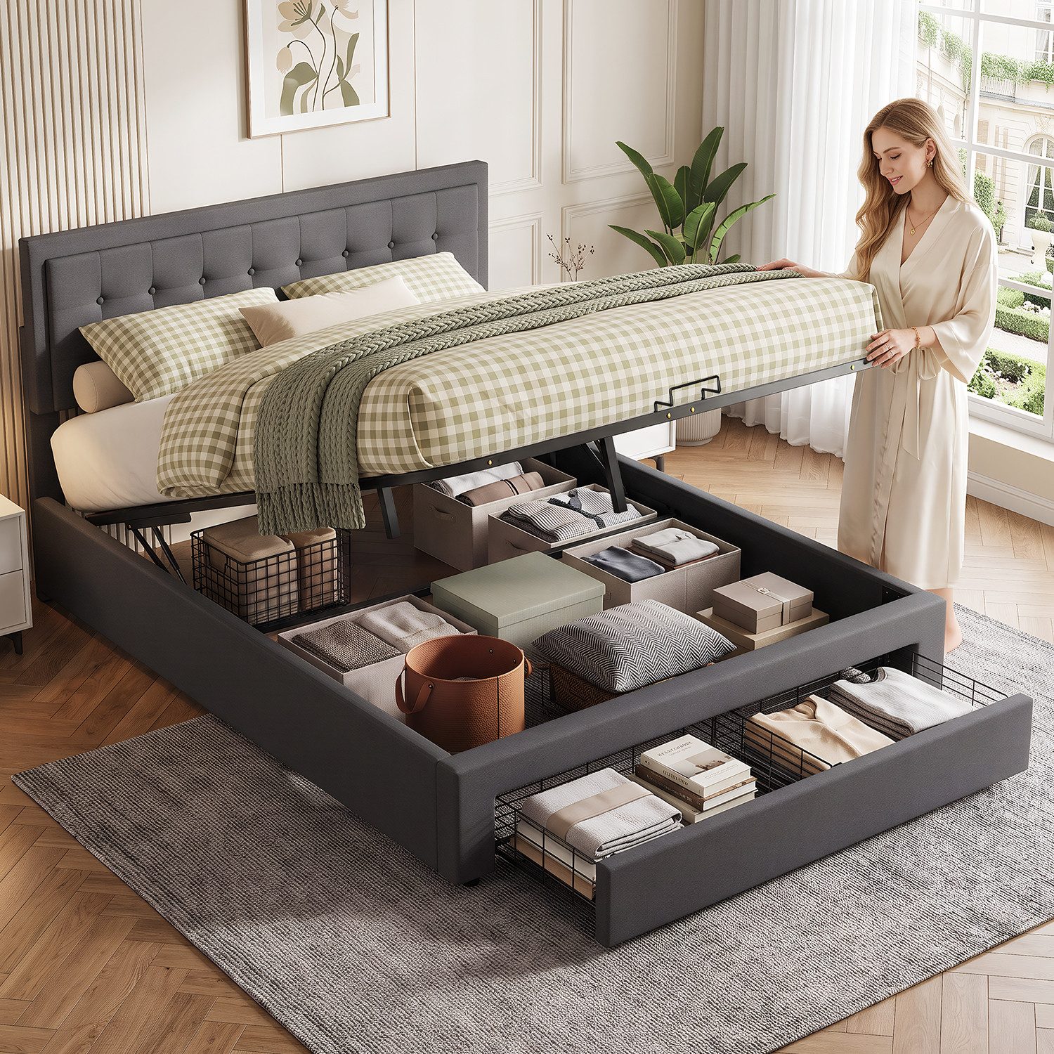 oyajia Polsterbett Doppelbett Polsterbett 140x200cm, Luftdruck anhebbarer Stauraumbett (Leinenmaterial Polsterbett mit Lattenrost und verstellbares gepolstertes Kopfteil), Modernes Jugendbett, Leises Design, Einfach zu montieren und stabil
