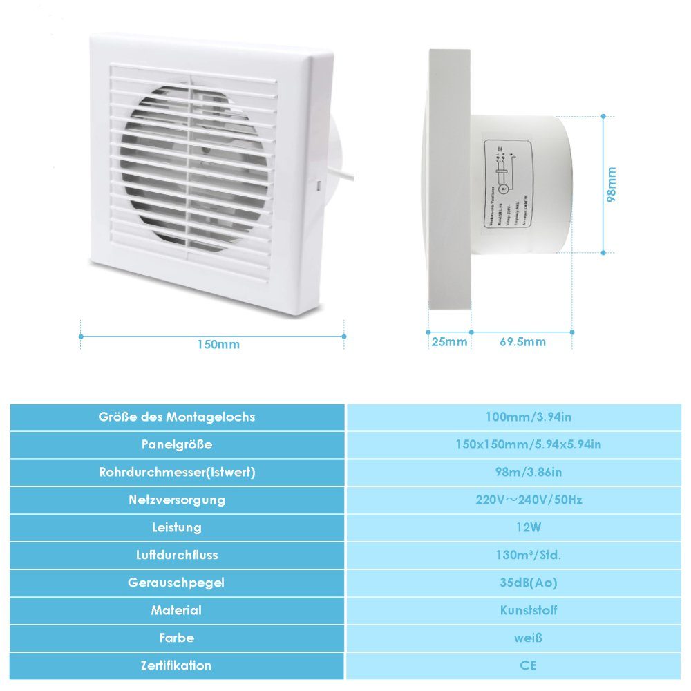 100/150mm Rückflussleitblech Clanmacy Ventilator Badlüfter Wandlüfter Mit Wandventilator