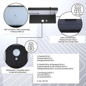 Kiom Außen-Wandleuchte Solar Wandleuchte Limanu schwarz Sensor 600 lm, Bewegungsmelder und Dauerlicht, LED, LED-Leuchtmittel fest verbaut, warmweiß