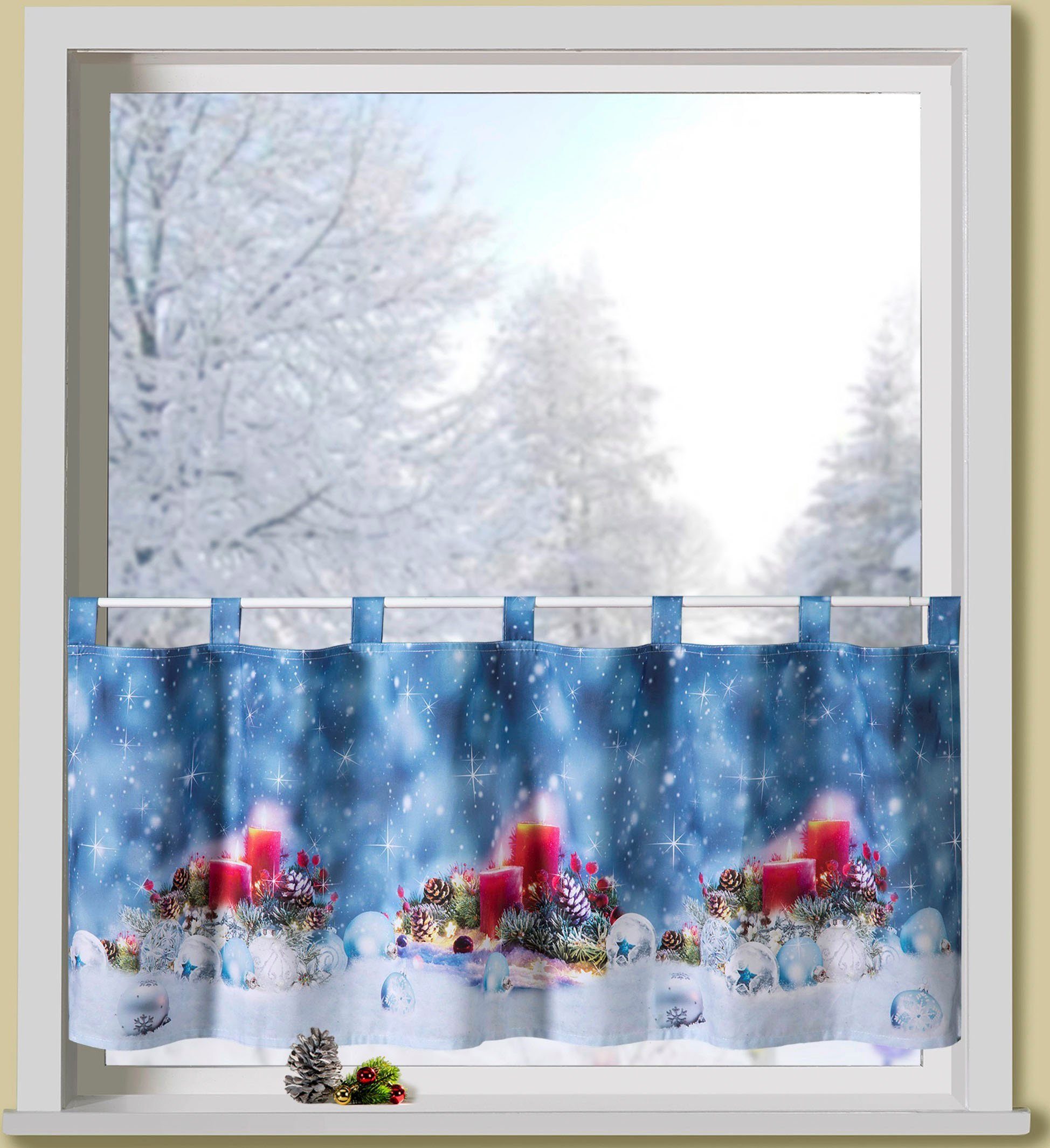 Weckbrodt Scheibengardine rote Kerzen (1 St), Schlaufen, blickdicht, Microfaser, Bistro, Microsatin, Weihnachten, HxB 45x120cm, Gardine, Store