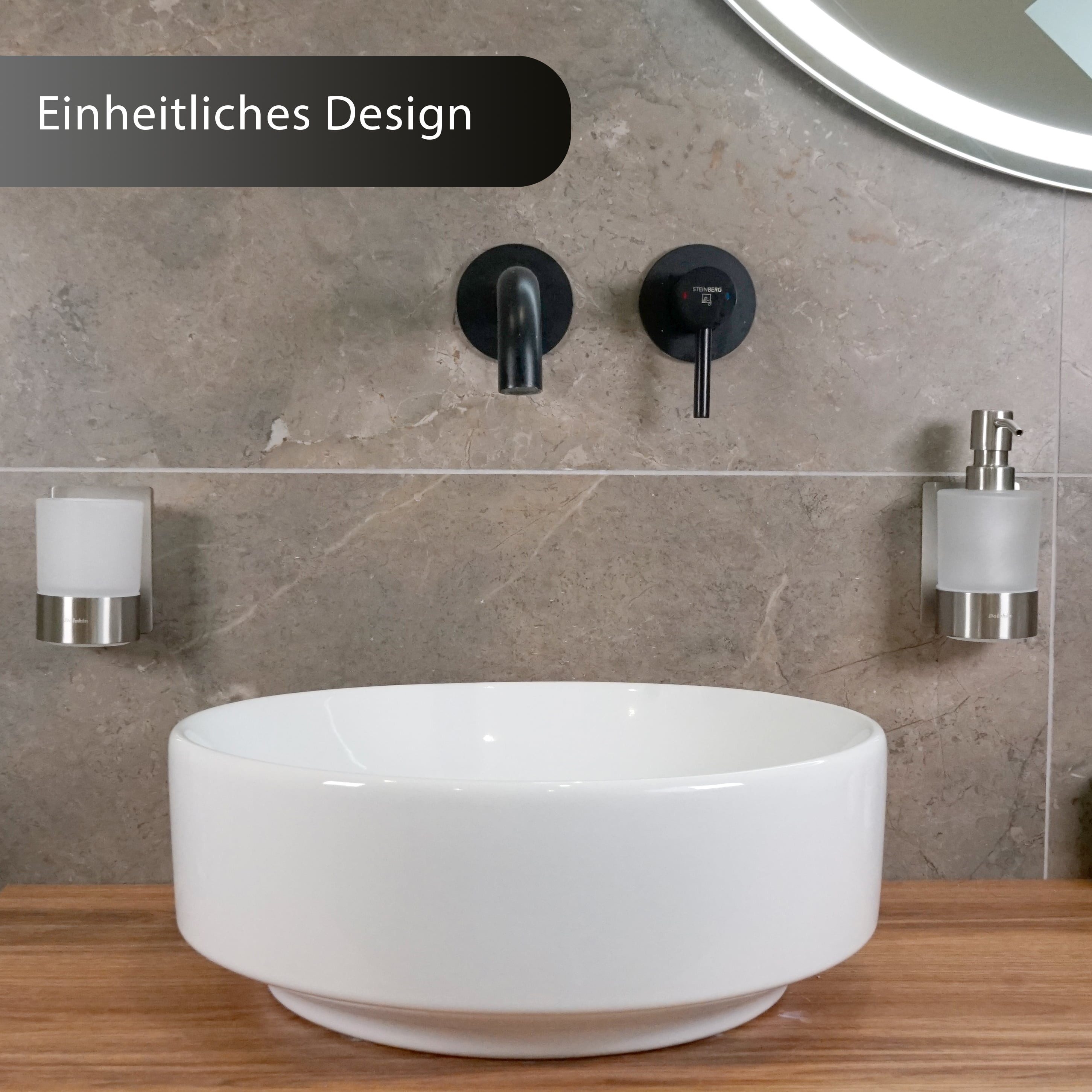 Dolvhin Seifenspender und Zahnputzbecher Set, Glas Handseifenspender & Zahnbecher, (Seifenspender Set inkl. extra starkem 3M Klebestreifen), 250ml Milchglas & herausnehmbarer Zahnbecher Trennfach