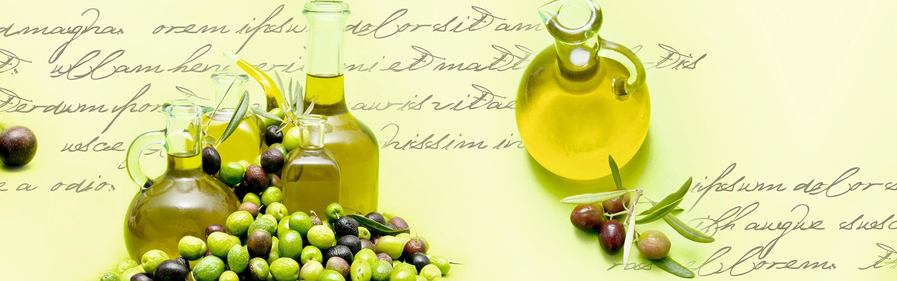 Hartschaum Öl Flasche Küchenrückwand in Oliven (1-tlg), Premium wandmotiv24 Glas, Grün Schrift versch. Nischenrückwand Größen