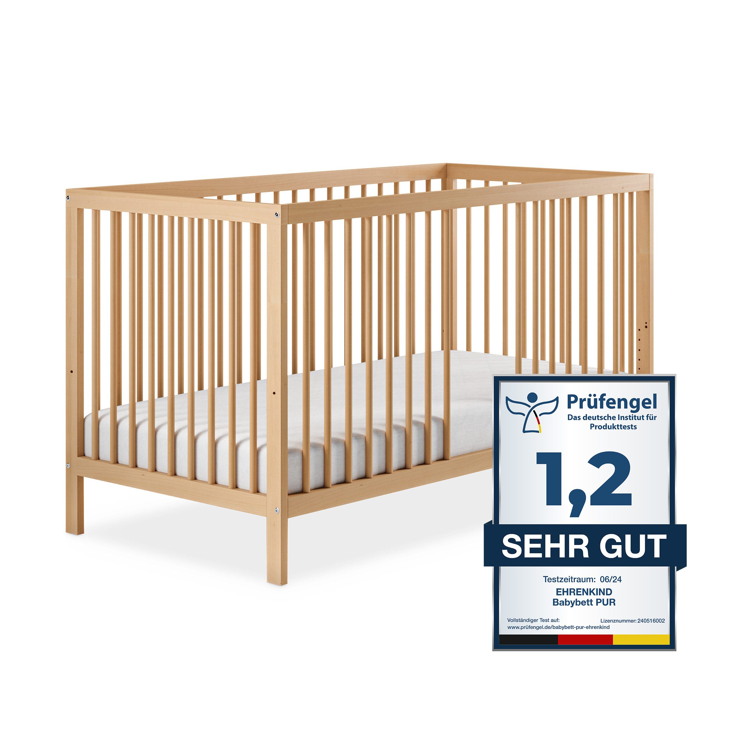 Ehrenkind Babybett PUR aus massivem Buchenholz, flexibel höhenverstellbar, Gitterbett, Kinderbett 9-Fach höhenverstellbar mit entnehmbaren Stangen Baby Bett