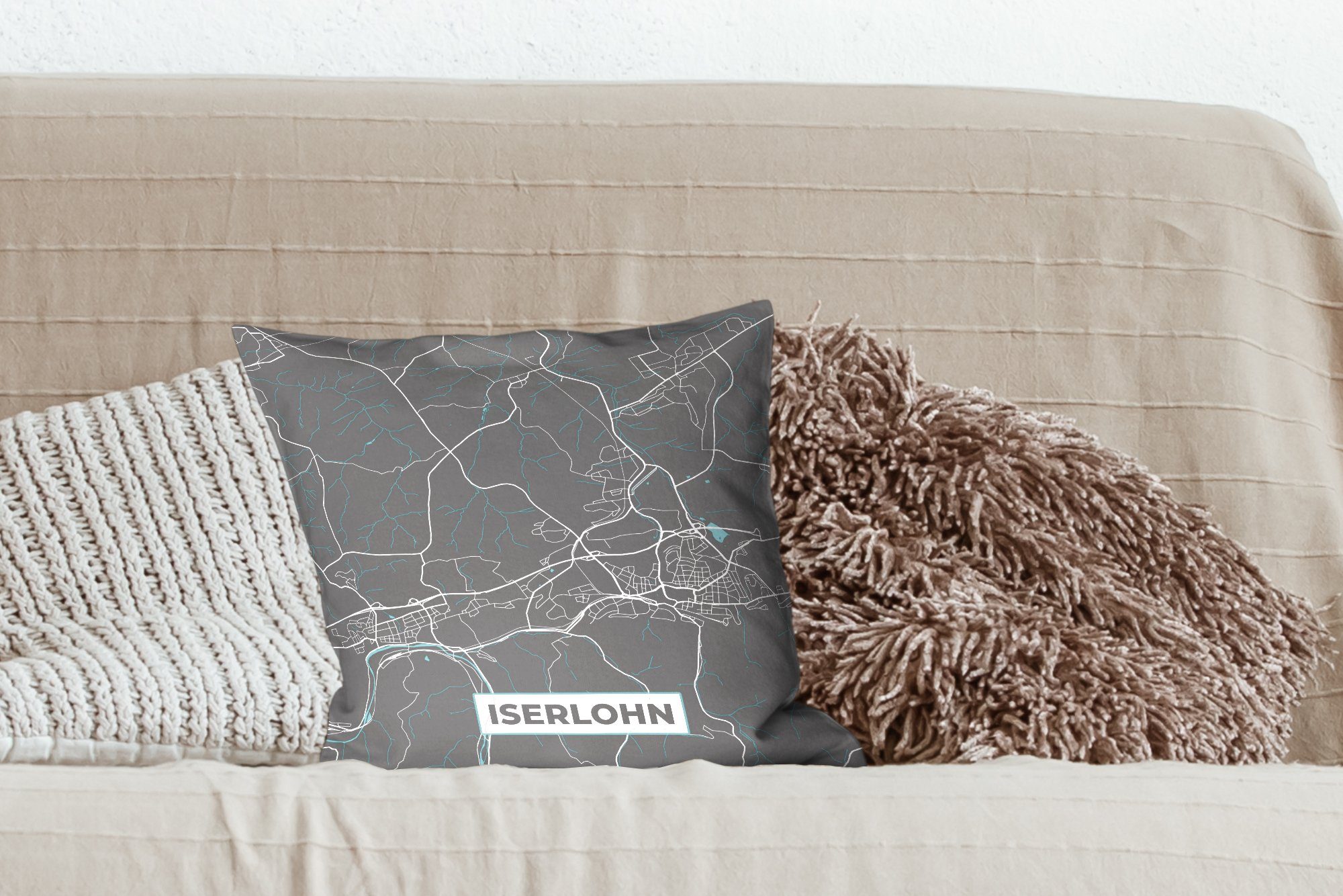Iserlohn, Karte Sofakissen Blau Wohzimmer, Stadtplan für - mit Schlafzimmer, Füllung Deko, - - Deutschland MuchoWow Zierkissen - Dekokissen