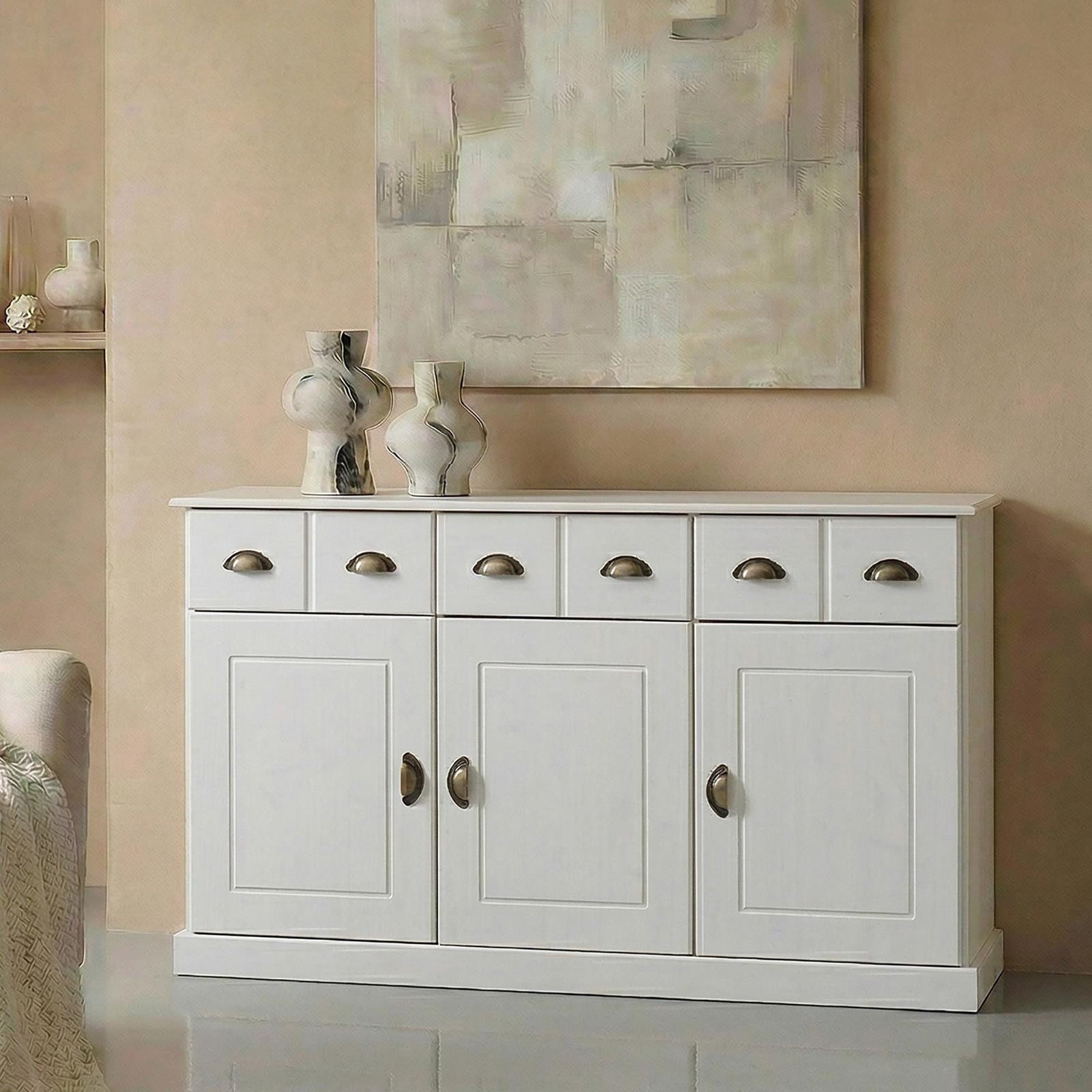 IDIMEX Kommode PARIS, Sideboard mit 3 Schubladen & Muschelgriffen Kiefer Massivholz weiß