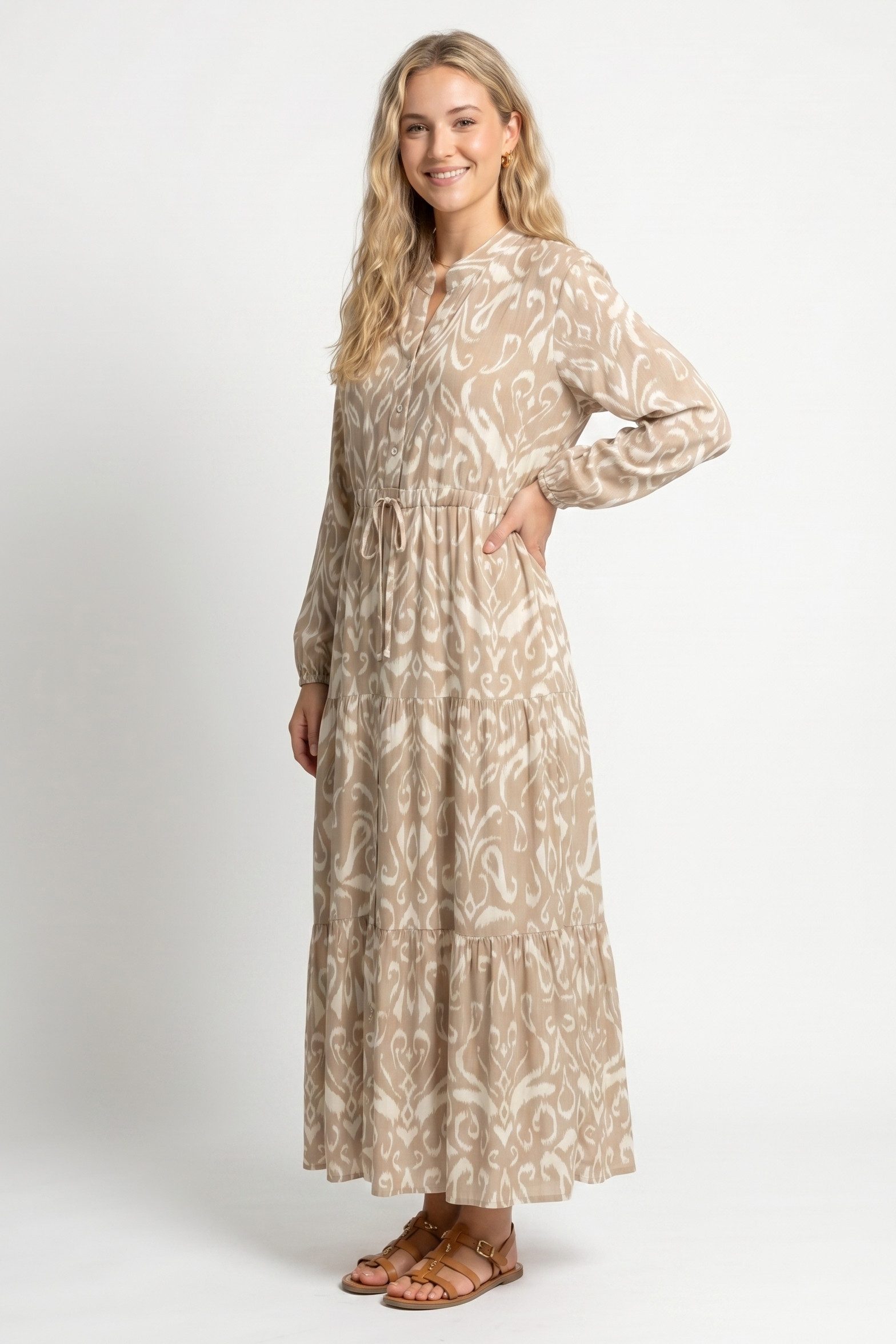 Kendindza Collection Sommerkleid Sommerkleid Damen Lang Viskose Elegantes Maxikleid lang Maxi Kleid Ikat-Print Knopfleiste & Schnurbund, Luftig Leicht