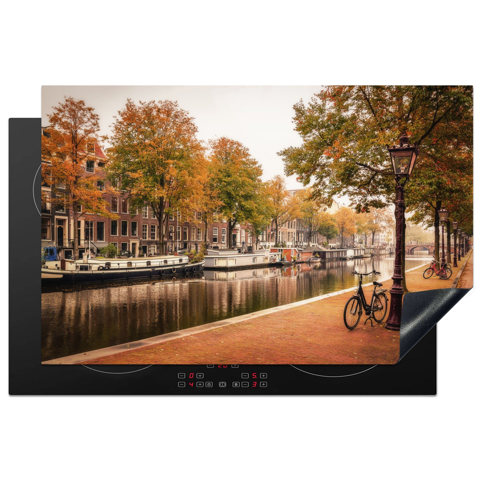 MuchoWow Herdblende-/Abdeckplatte Amsterdam - Fahrrad - Herbst, Vinyl, (1 tlg), 81x52 cm, Induktionskochfeld Schutz für die küche, Ceranfeldabdeckung