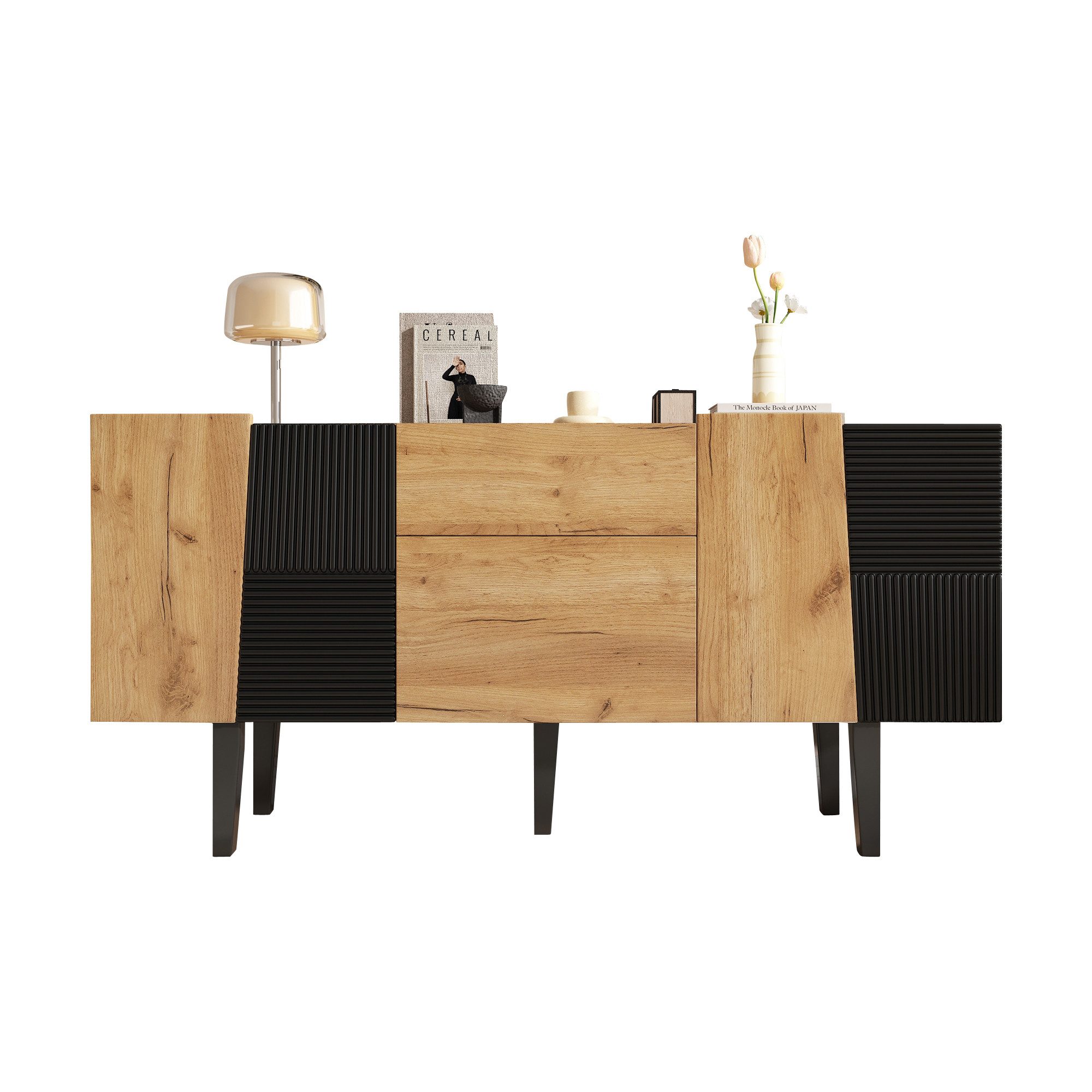 REDOM Lowboard Modernes Sideboard mit Holzmaserung (Fernsehtisch,TV-Board,TV-Ständer, Wohnzimmermöbel, 1 St., 4 Türen und 2 Schubladen), ideal für TV bis zu 60 Zoll, mit höhenverstellbare Regale