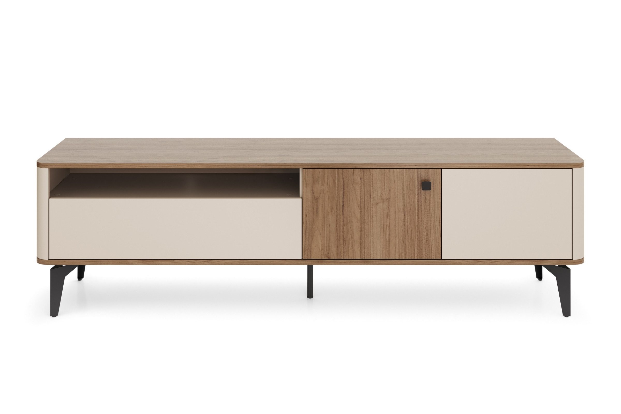 Deine Möbel 24 TV-Board AURO 06 TV-Lowboard mit 2 Türen, 1 Schublade & offenem Gerätefach (180 cm breit, 1 St., AURO - Kollektion), Soft-Close & Push-to-Open, Metallfüße, Kaschmir/Royal Nussbaum
