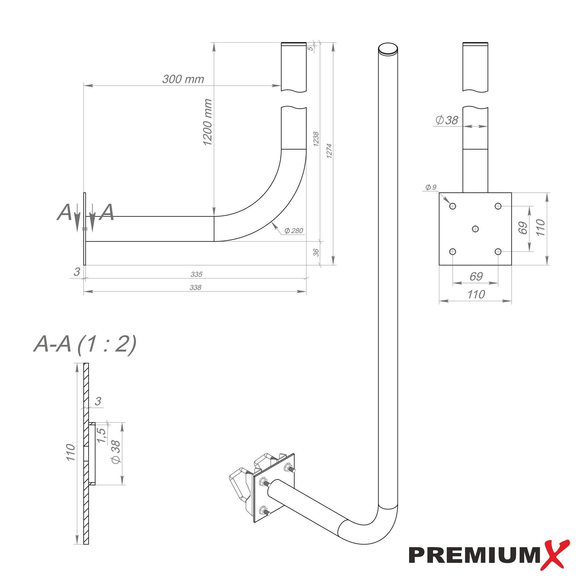 PremiumX SAT-Halterung 30cm Wandhalter 120cm Mast Ø 38mm mit Schellen Stahl Wand Halterung – Bild 3 von 4