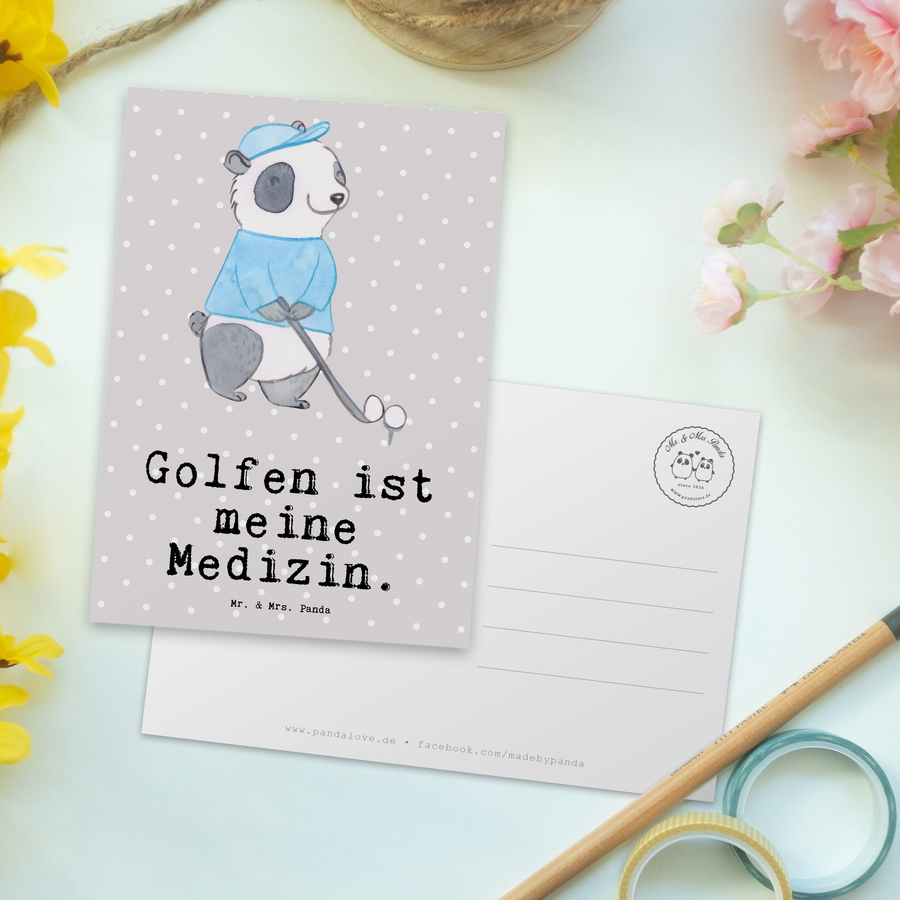 Panda Mrs. - Golfen Geschenk, Karte, Panda Postkarte Pastell & Grau Medizin Einladungskart - Mr.