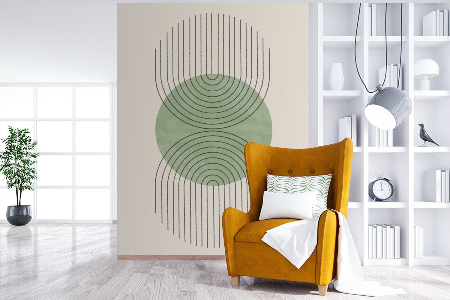 MuchoWow Fototapete Kreis - Linien Wohnzimmer, für Matt, Vinyl (4 Abstrakt - Grün, St), bedruckt, Tapete - Wandtapete Montagefertig