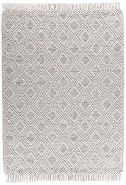 Wollteppich Visby - 702, THEKO, rechteckig, Höhe: 10 mm, Handweb Teppich, reine Wolle, handgewebt, Rauten Design, mit Fransen