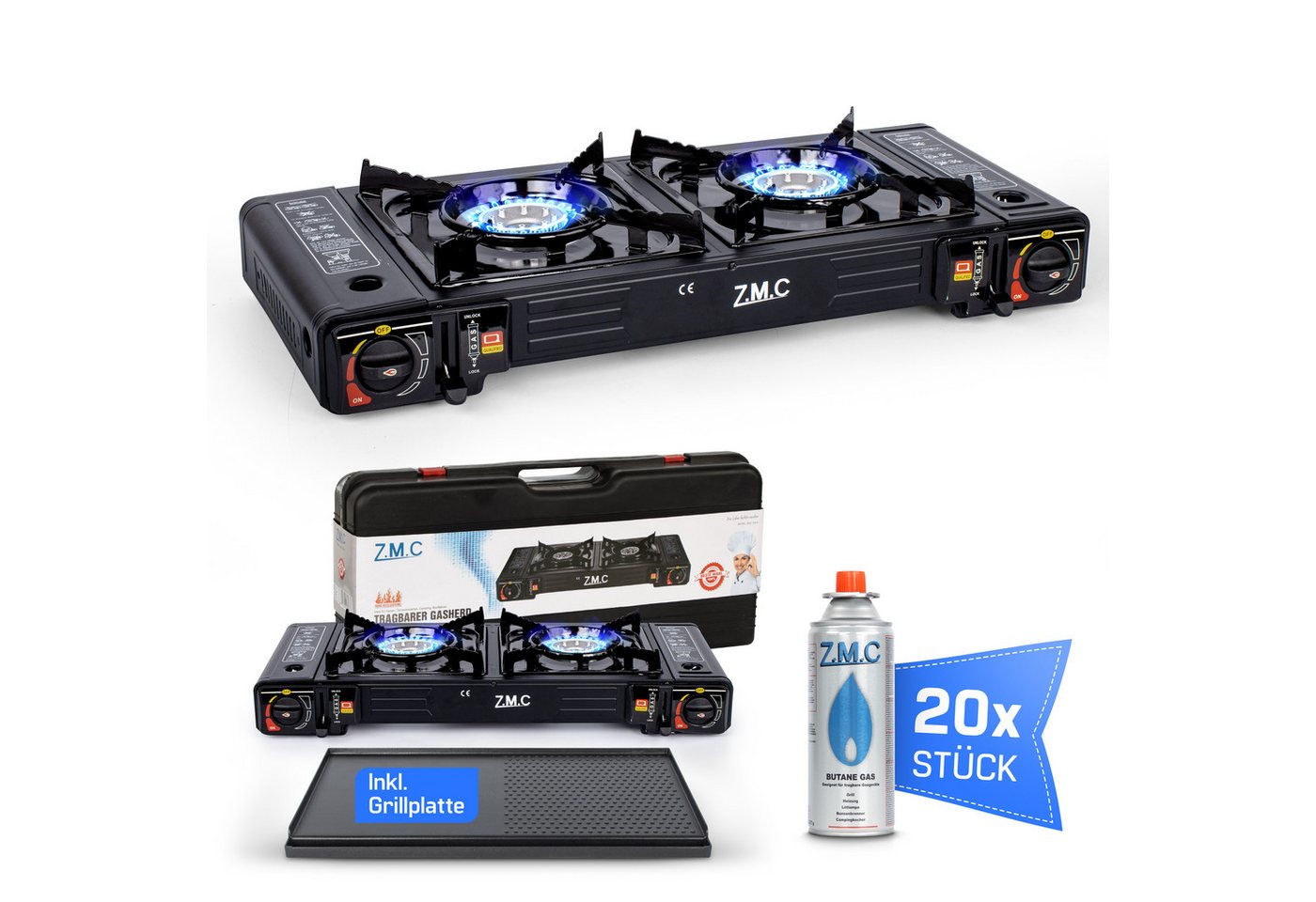 ZMC Gaskocher 2in1 Campingkocher mit Grillplatte 2 Flammig + 20x Gaskartuschen 227g, (mit Piezozündung Grill Platte Tischgrill Doppel Gasbrenner Gasgrill Kochfeld mit LPG Anschluß Wärmeleistung: 2,3KW), Outdoor Camping Gas Kocher Butan Gas Gaskocher Herd