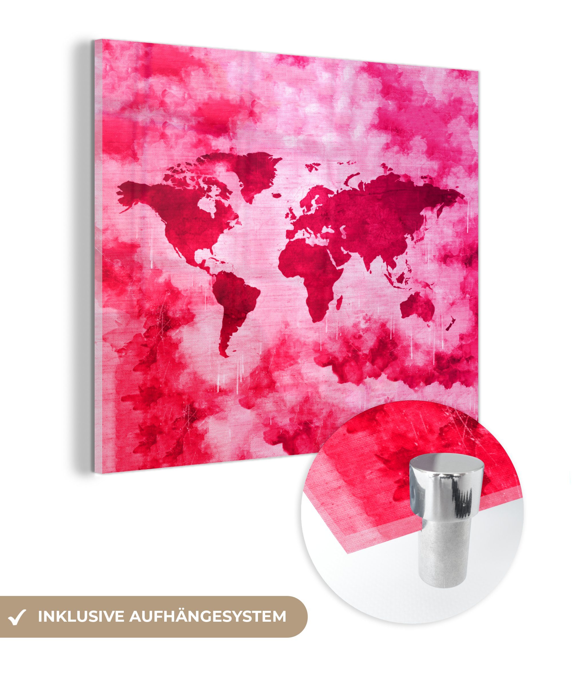 MuchoWow Acrylglasbild Weltkarte - Farben - Rosa, (1 St), Glasbilder - Bilder auf Glas Wandbild - Foto auf Glas - Wanddekoration