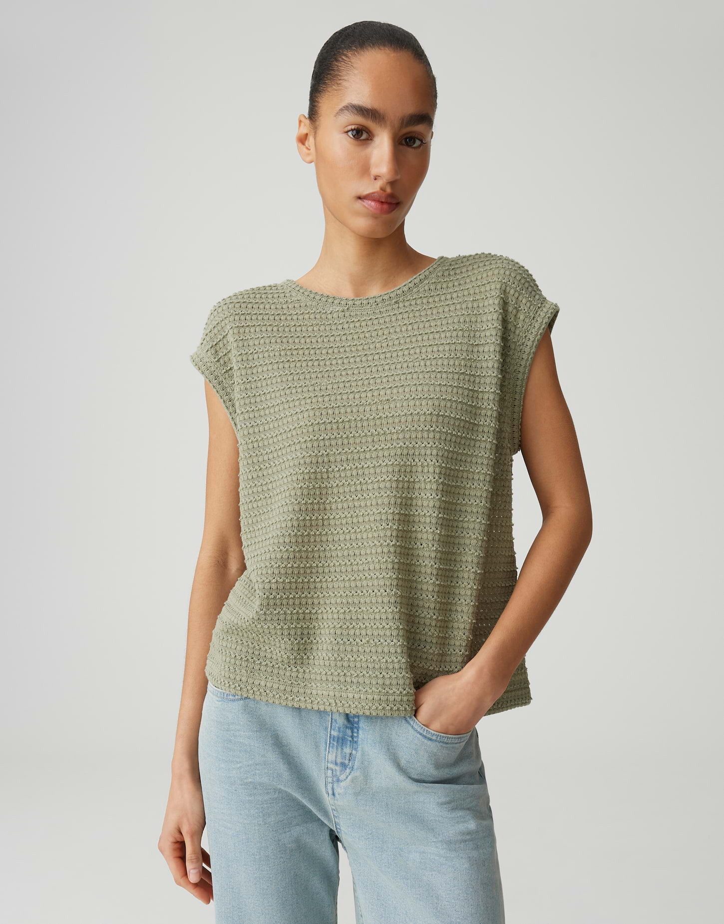 OPUS Kurzarmshirt Spunki coastal aus Jersey mit Crochet Optik Lochmuster, leichte Transparenz, weicher Griff, Casual