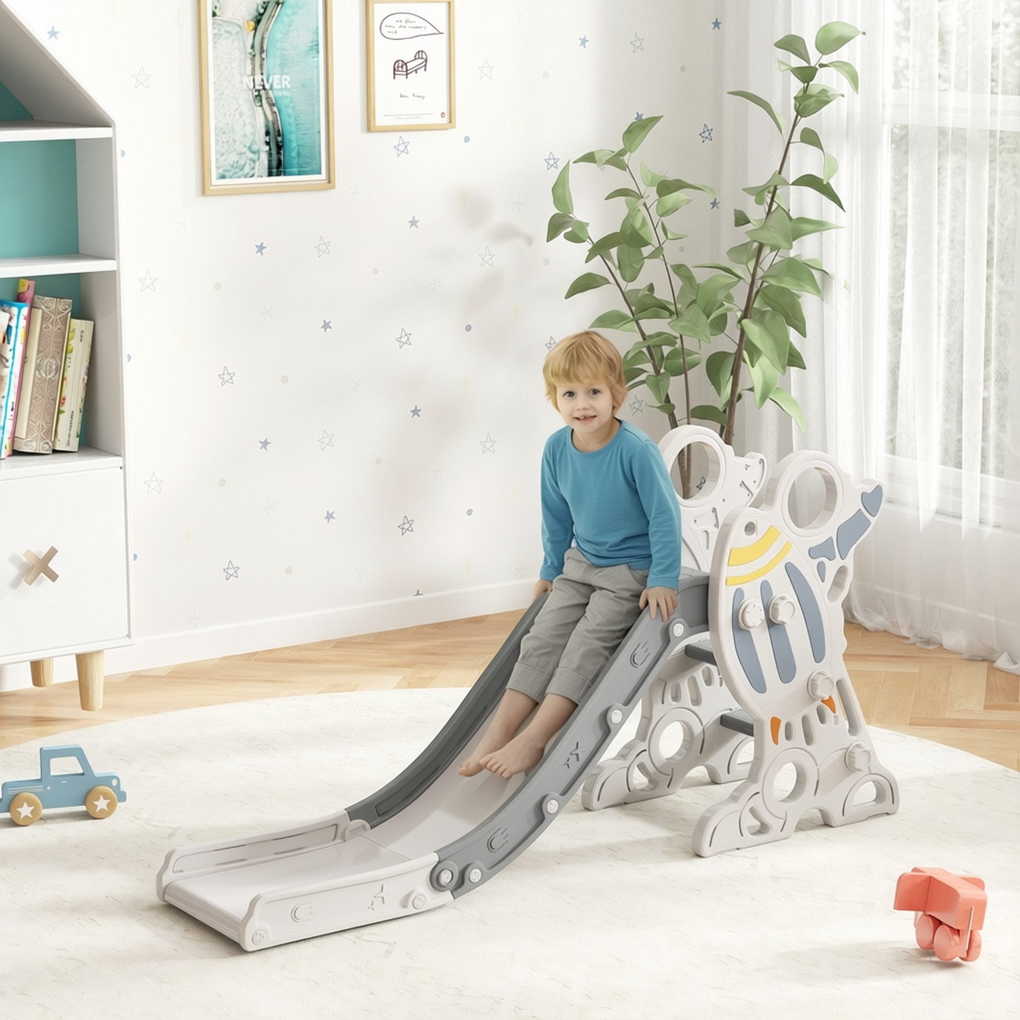 AIYAPLAY Rutscher Kinder Rutsche mit Raketen-Design, Leiter, Rutsche, (Kleinkinderrutsche, 1-tlg., Kinderrutsche), Grau 157 x 46,5 x 80 cm