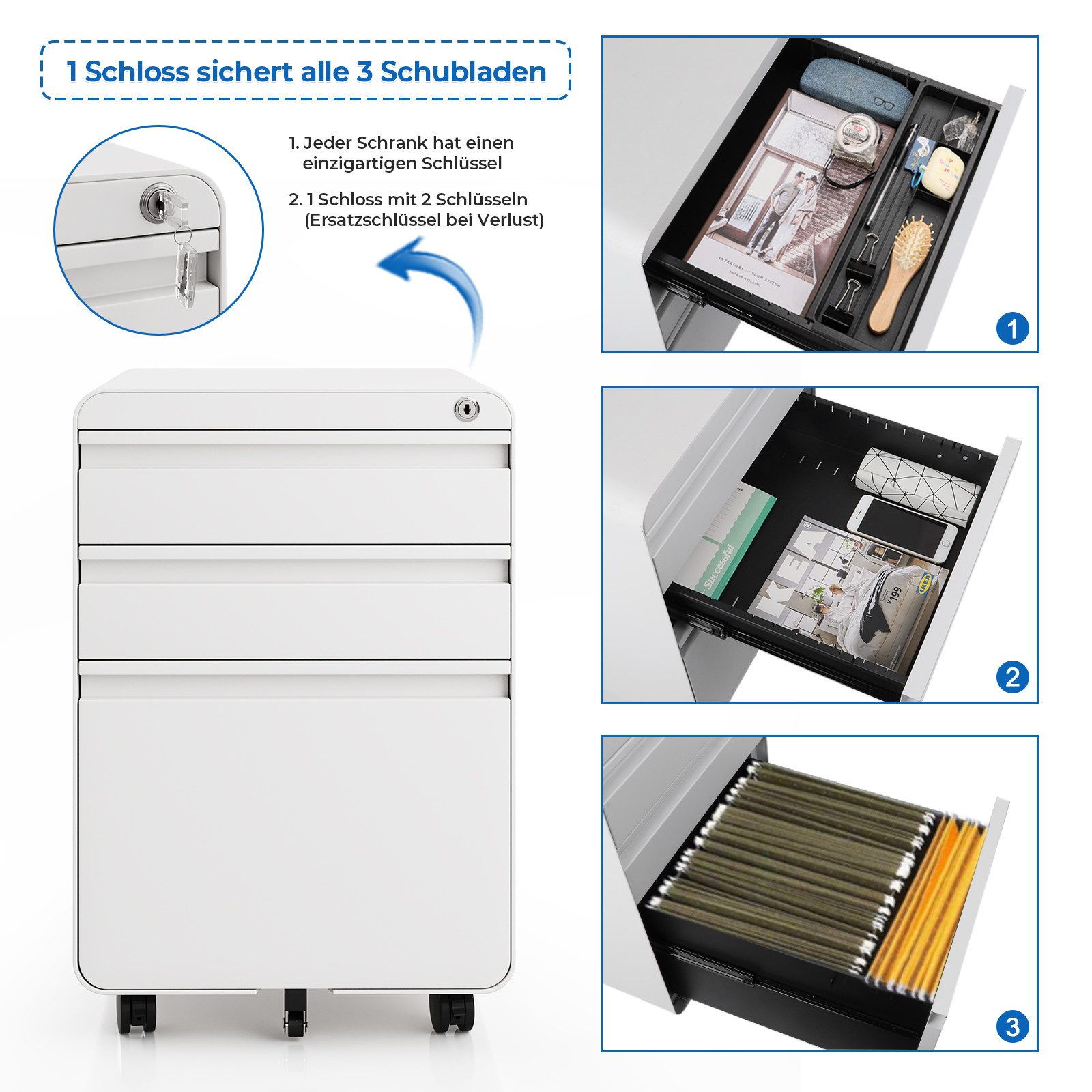Dripex Aktenschrank Metall Rollcontainer Stahl Büroschrank mit 2/3 Schubladen