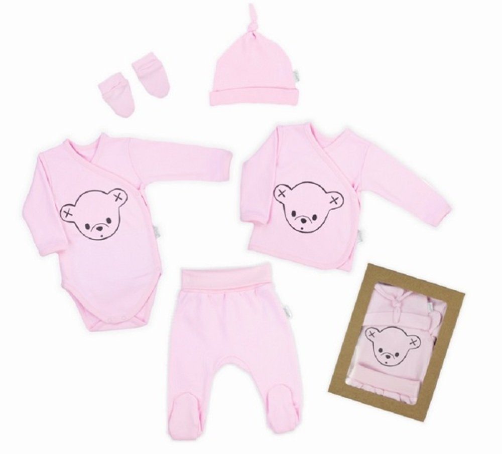 Babyhafen Erstausstattungspaket Erstausstattung Neugeborene Design 5-tlg., 5-teilig Strampler, Wickelshirt, niedlichen Baby Langarmbody, Rosa Mütze, Handschuhe, Fäustlinge) (Geschenk, Komplettset