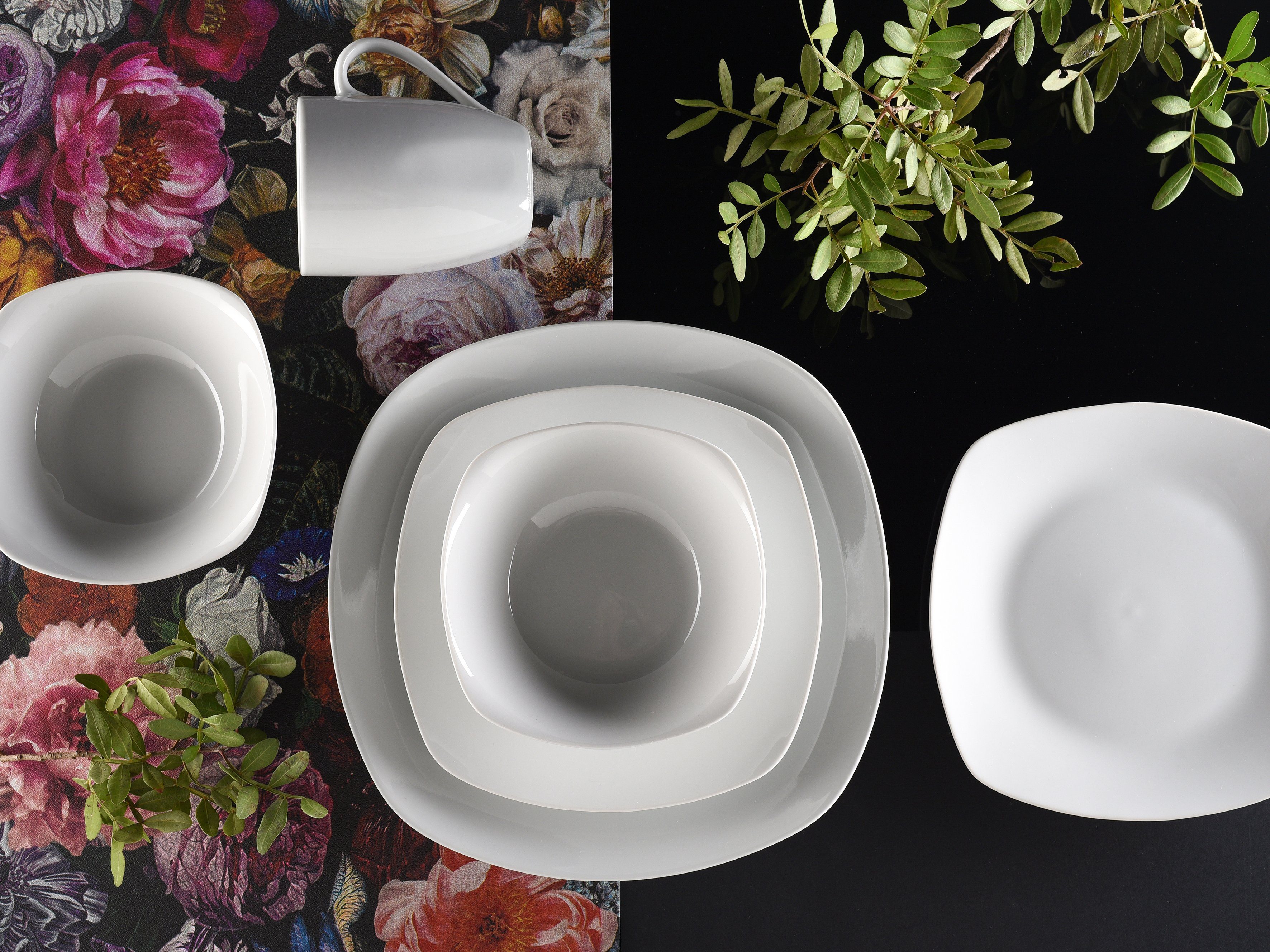 CreaTable Kombiservice Geschirr-Set Square (16-tlg), 4 Personen, Porzellan, Service, weiß, 16 Teile, für 4 Personen