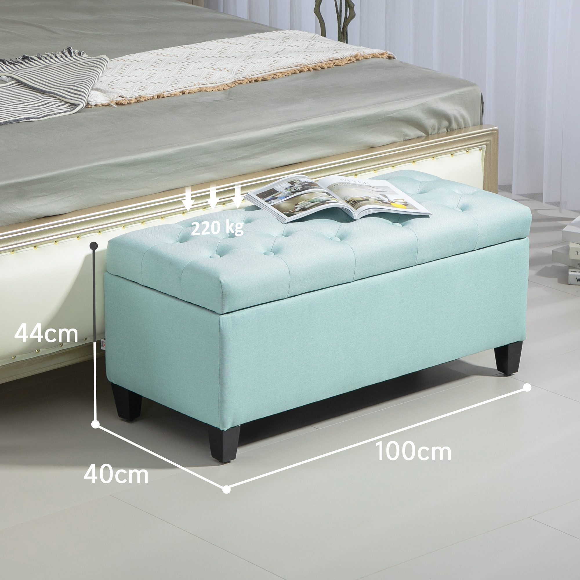 HOMCOM Sitzbank mit Stauraum (Truhenbank, 1-St., Polsterbank), Schlafzimmer, Wohnzimmer, Gummiholz, Grün, 100 x 40 x 44 cm
