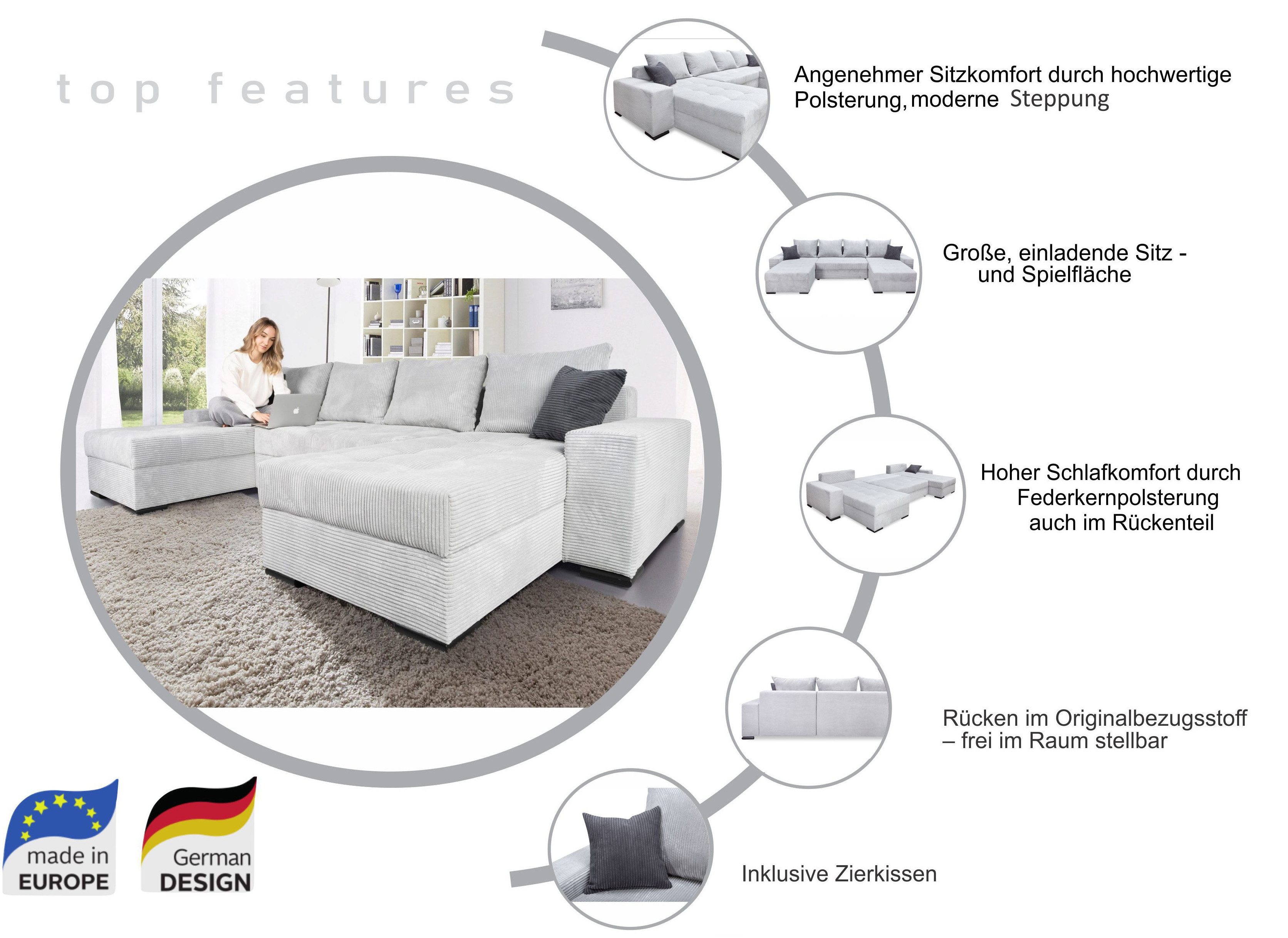 COLLECTION AB Wohnlandschaft Josy XL U-Form, B: 313 cm in Cord, Cord-Mix, Bettfunktion, Bettkasten & 2 Zierkissen, Federkern