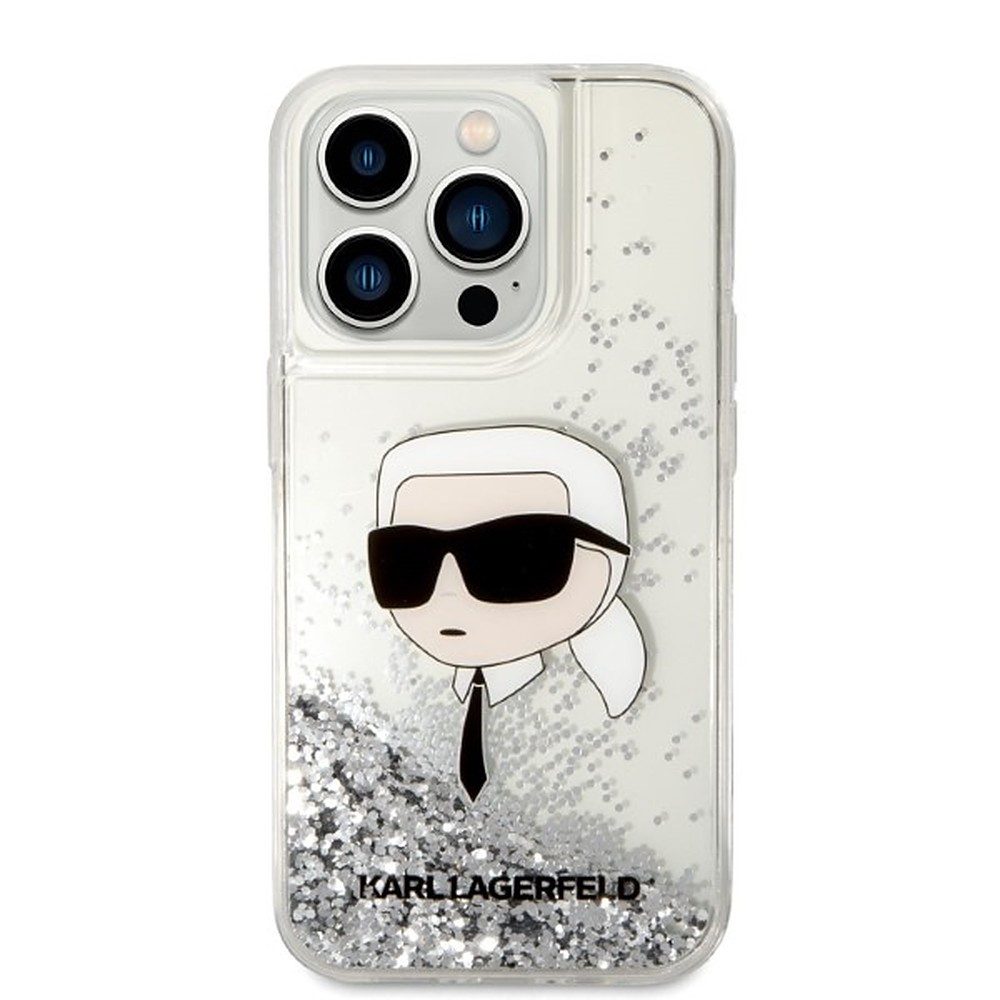KARL LAGERFELD Handyhülle Schutzhülle Glitzerschale Handyschale 6,7, Flüssigglitzer, Karl's Head Motiv, TPU/PC